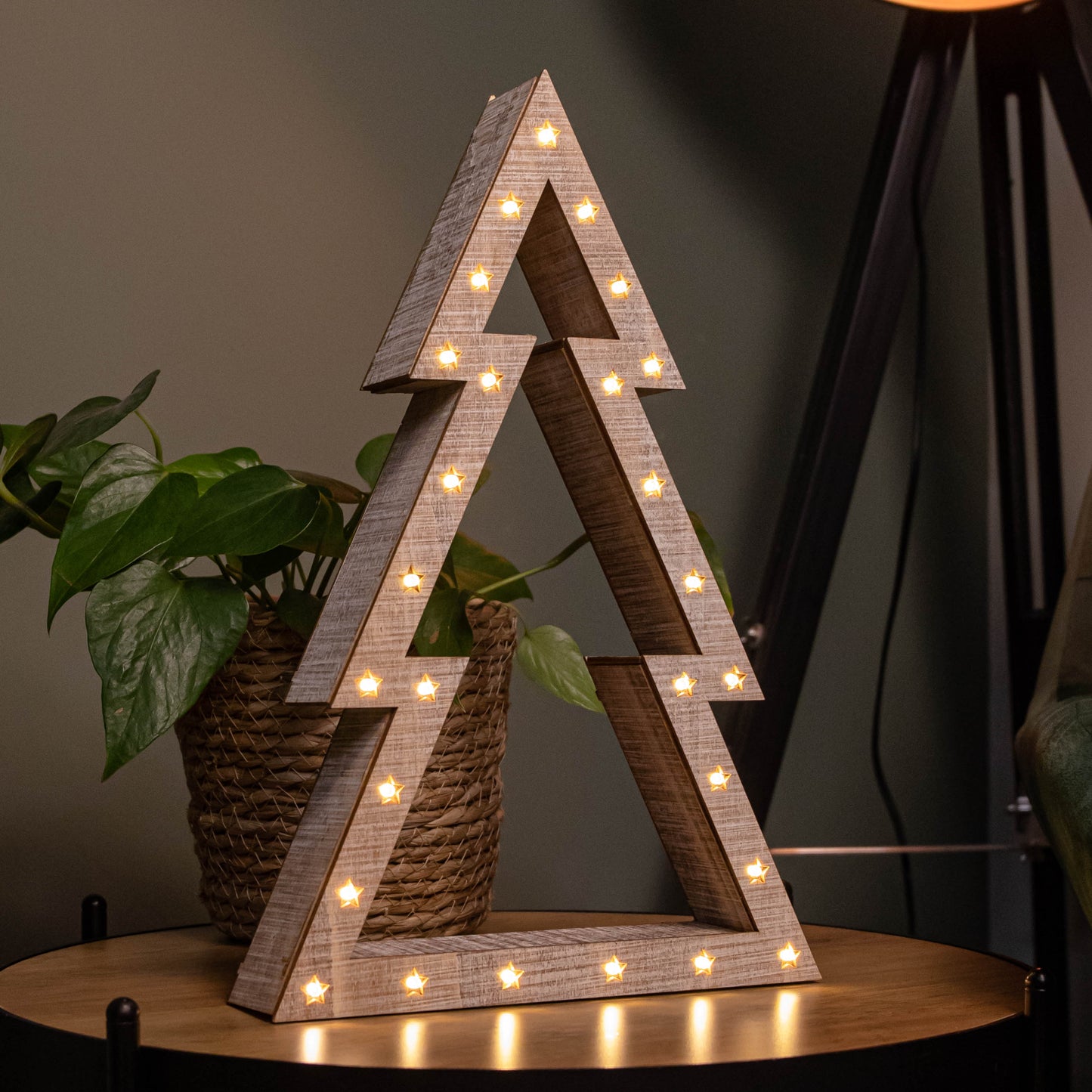 Set of 3 Battery Operated Light up Wooden Christmas Trees with Warm White LEDs