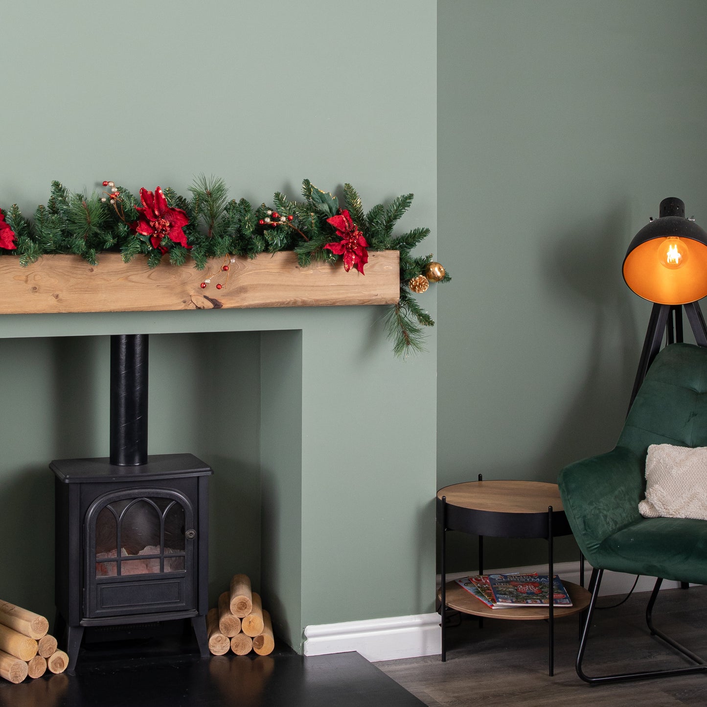 1.8m (6ft) Deluxe Christmas Garland with Red and Gold Poinsettias