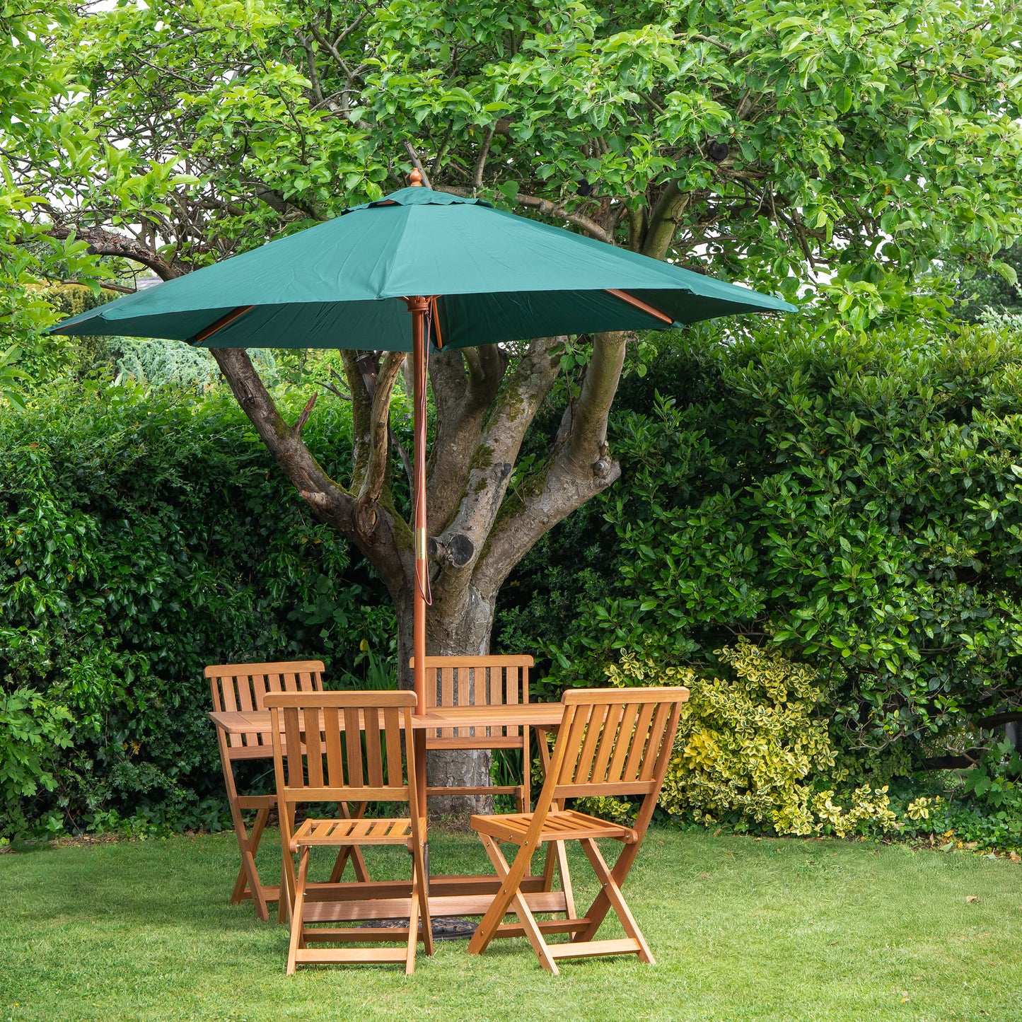 Outdoor 4 Person Folding Rectangular Wooden Garden Dining Table Chairs Green Parasol and Base Set