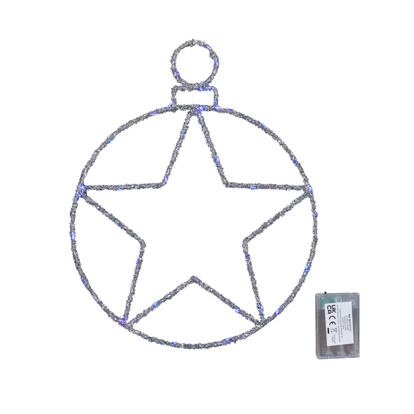 49cm Battery Powered Light up Christmas Silver Star Ball with Twinkling Blue LEDs