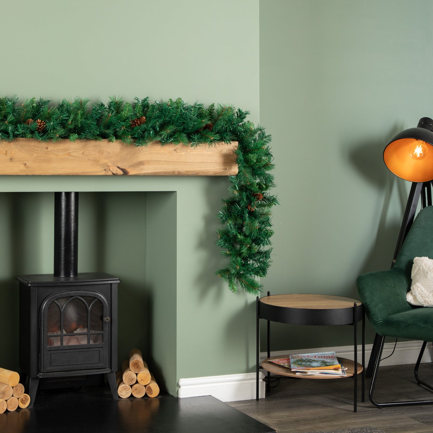 2.7m Green Christmas Garland with Pine Cones and Mixed Needles