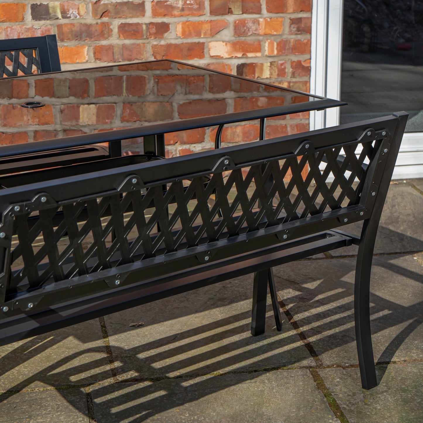 Outdoor 4 Person Rectangular Glass Top Garden Dining Table and 2 Benches Set