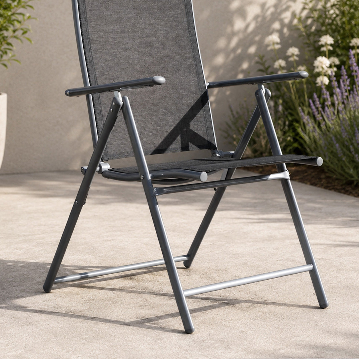 Outdoor Garden Patio Multi Position Reclining Folding Chair in Black and Silver