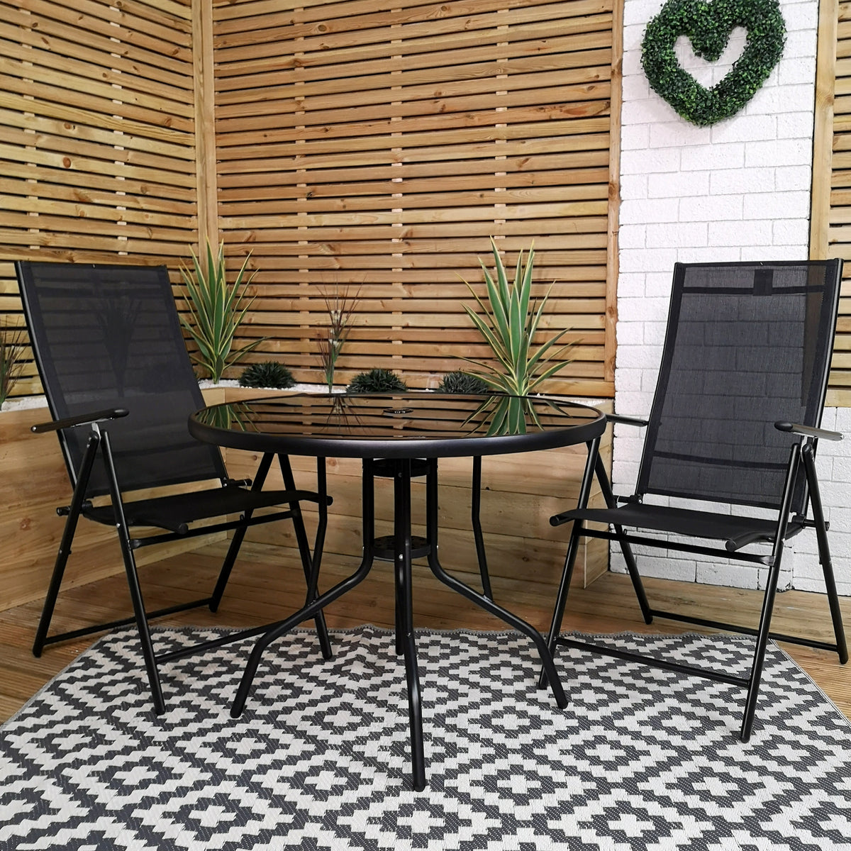 Outdoor 2 Person Round Glass Top Garden Patio Dining Table Chairs Set