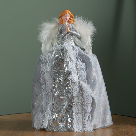28cm Christmas Angel Tree Topper Decoration with Feather Wings in Silver