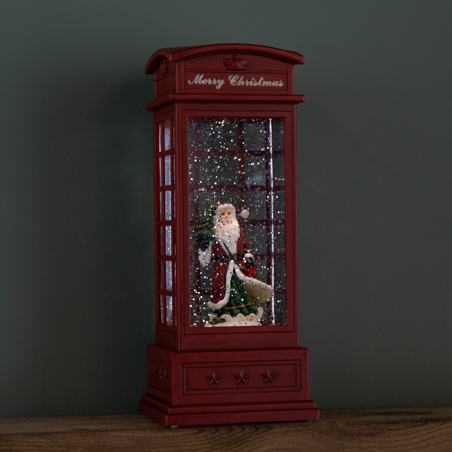 25cm Battery Operated Light up Christmas Phone Box Water Spinner with Santa Scene & LEDs