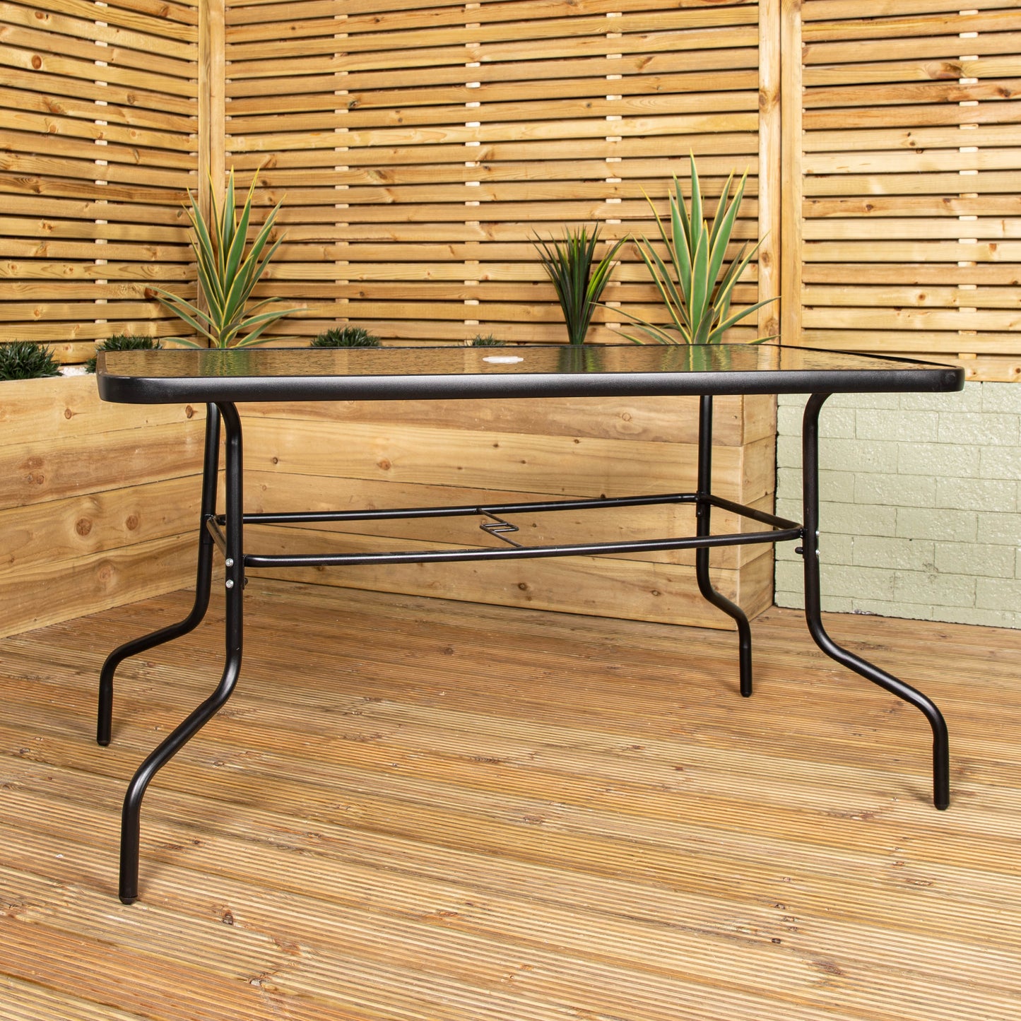 Factory Seconds: Samuel Alexander 6 Seater Black Glass Top Table with Parasol Hole