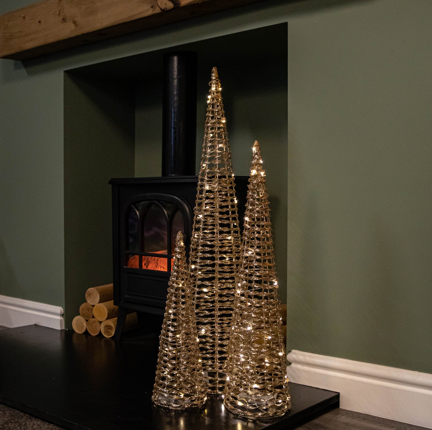 Set of 3 Gold Glitter Twist Christmas Cone Trees with 90 Warm White LEDs 