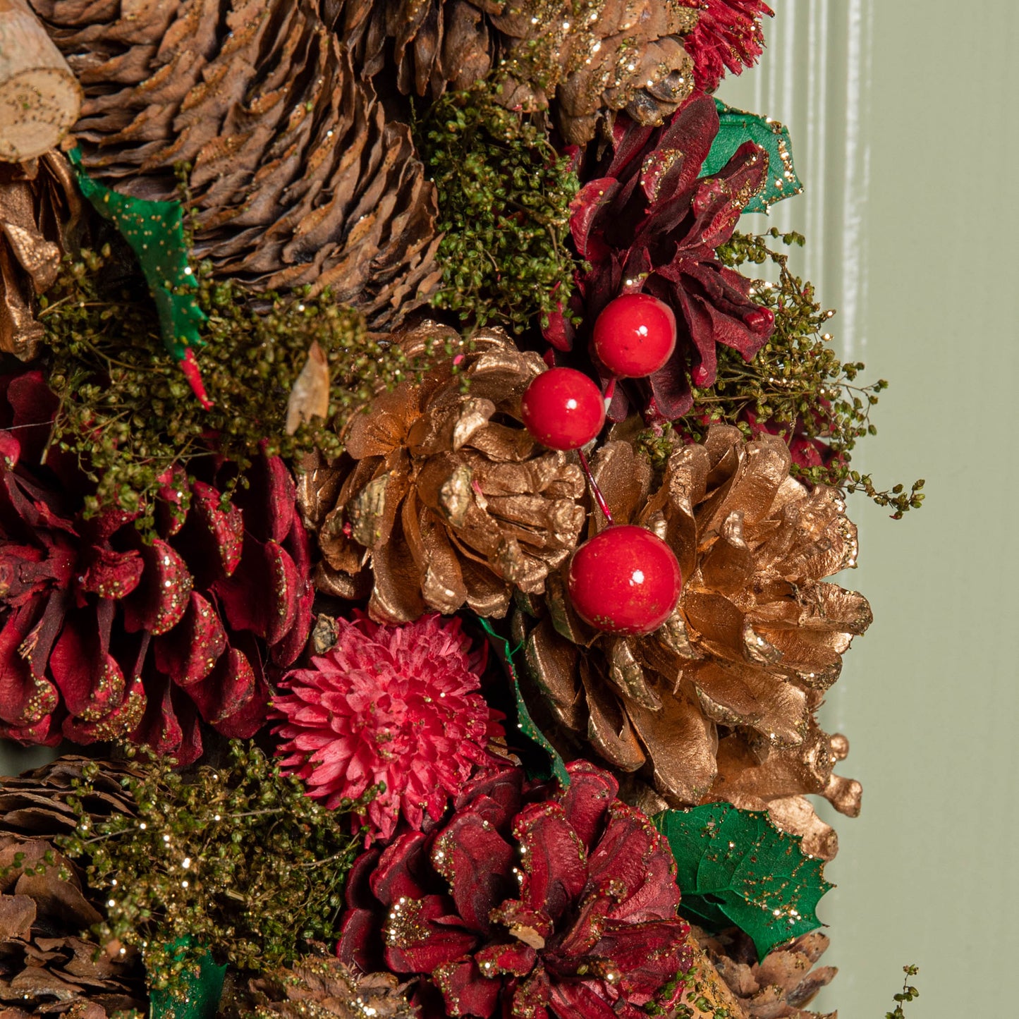 50cm Red Hanging Christmas Wreath with Red Berries and Pinecones 
