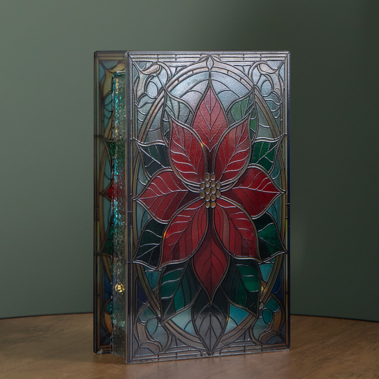 21cm Battery Operated Light up Double Sided Stained Glass Poinsettia Decoration with LEDs