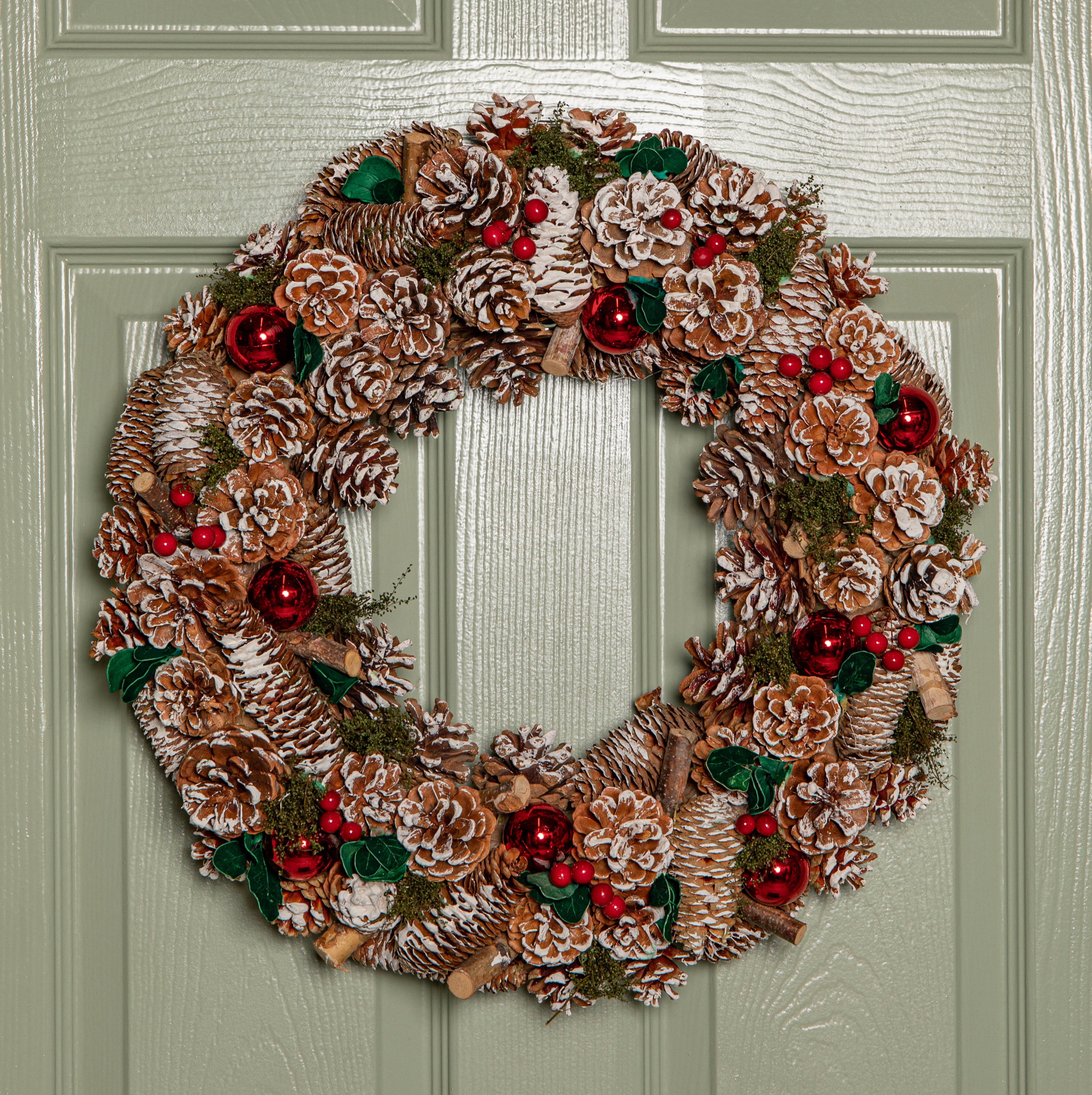 50cm Hanging Christmas YuleFest Wreath with Red Baubles & Snow Tipped Pine Cones