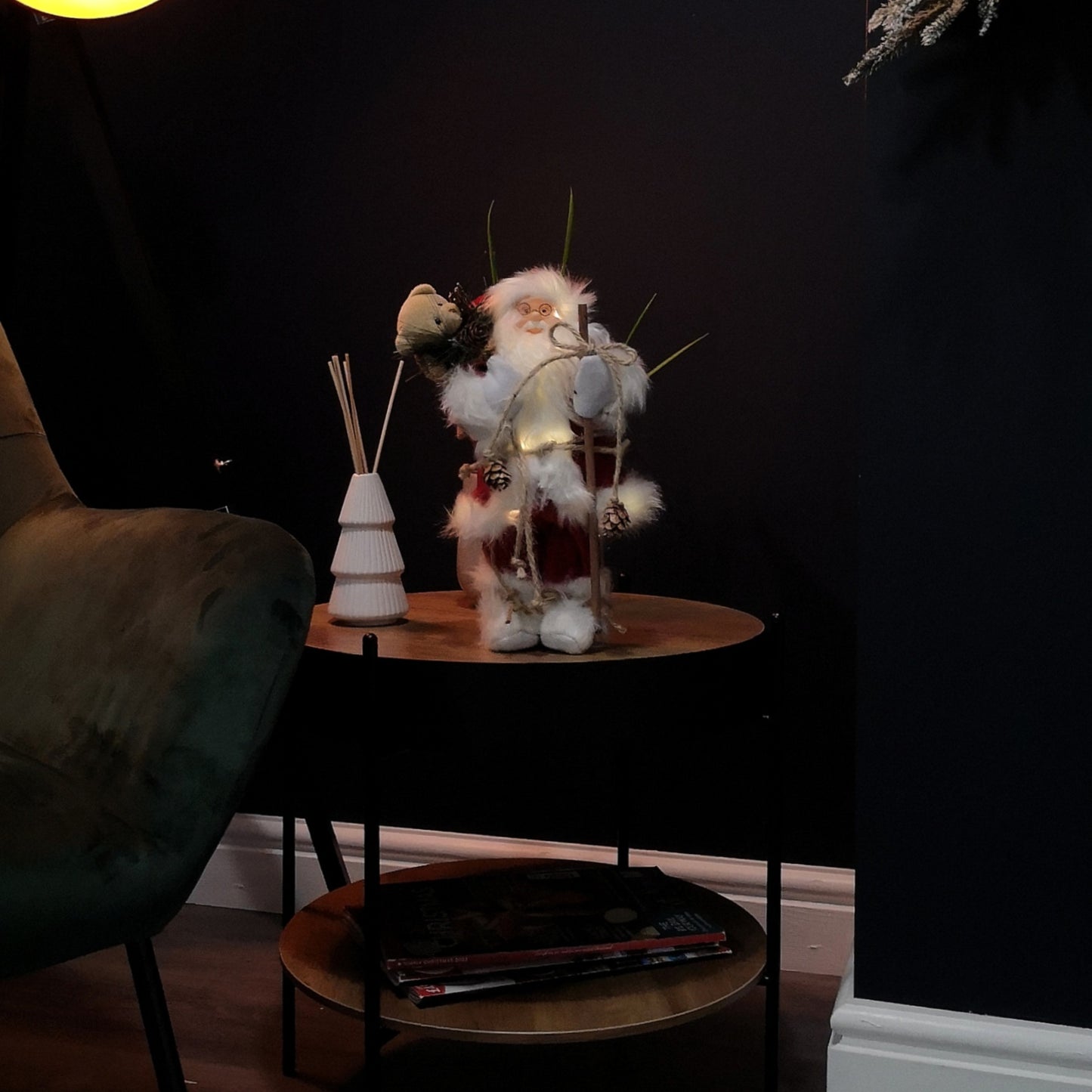 30cm Battery Operated Red Standing Light up Santa Claus with Brown Woven Sack