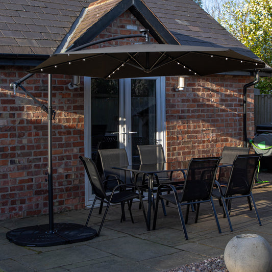 Outdoor 6 Person Rectangular Glass Top Garden Dining Table Chairs With Black Banana Lit Parasol and Base