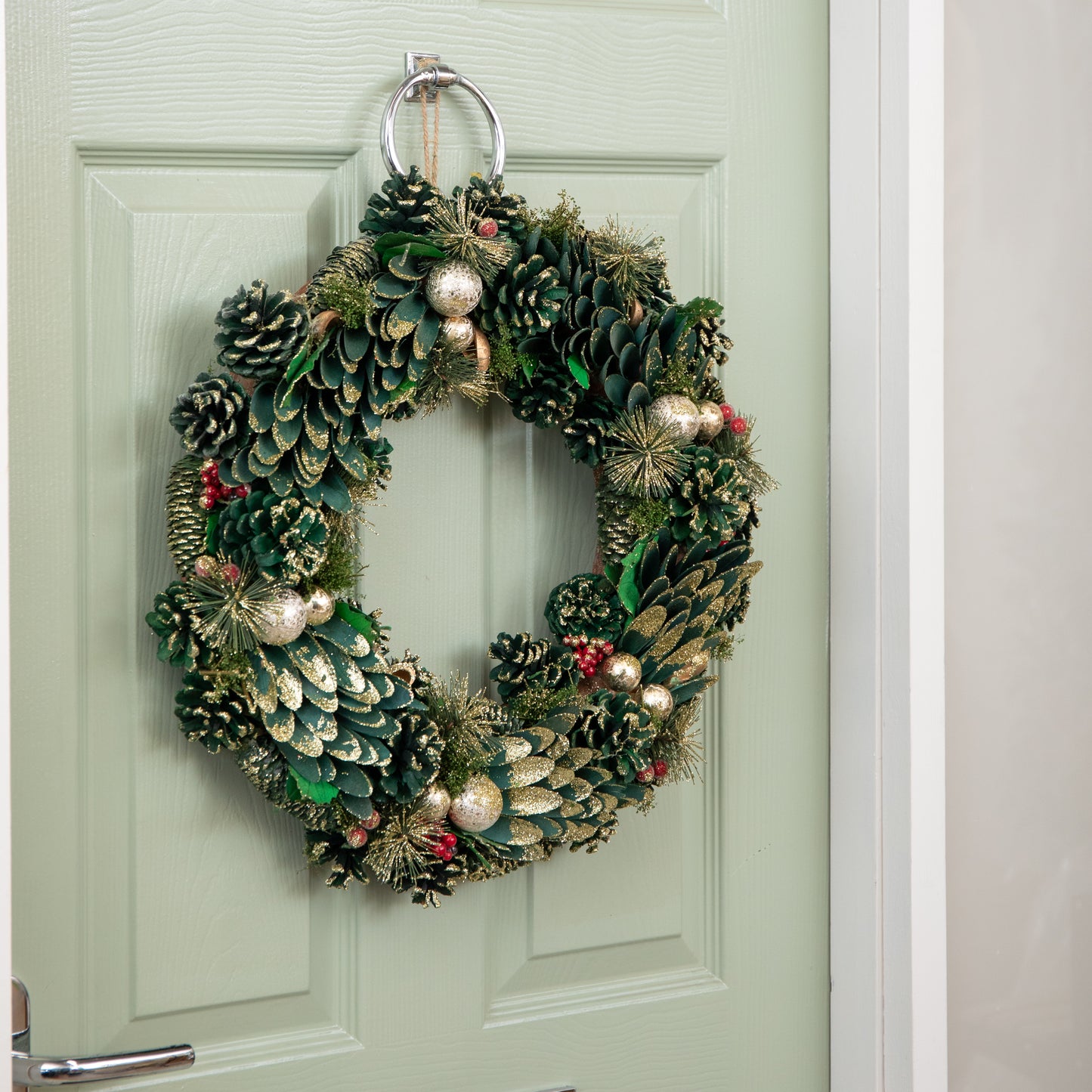 50cm Bauble and Pinecone Hanging Christmas Wreath with Red Berries