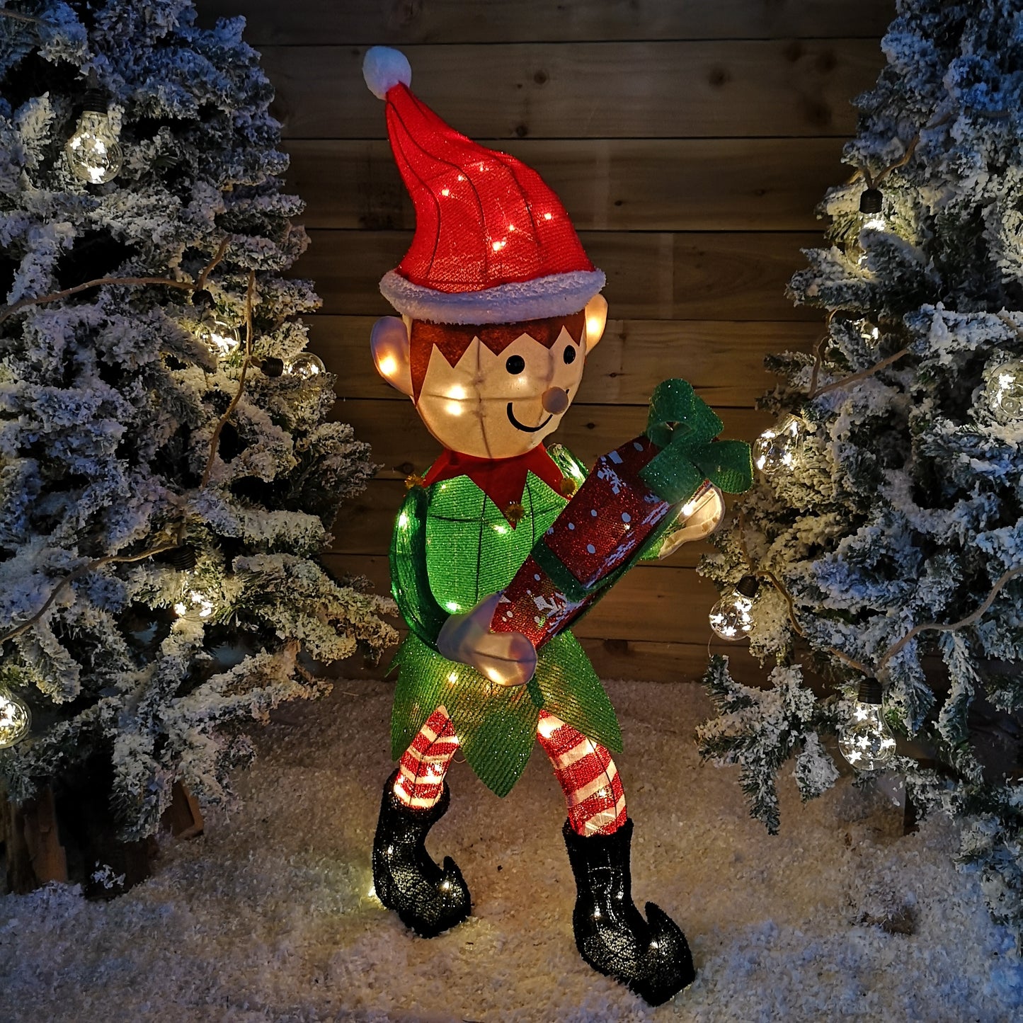 107cm Warm White LED Lit Elf Character with Present Christmas Decoration in Green and Red