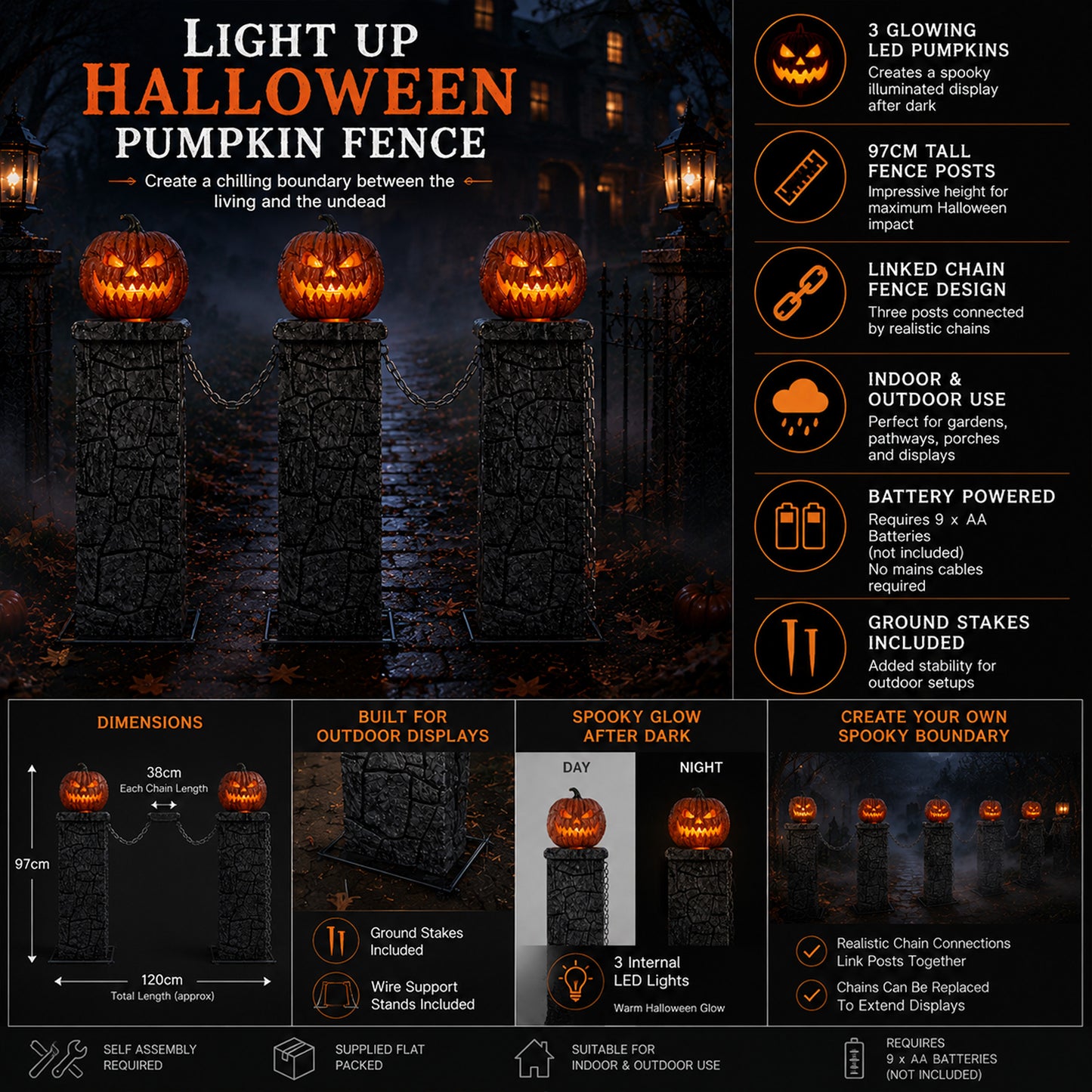 97cm x 1.2m Battery Powered Light up Halloween Pumpkin Fence with LEDs