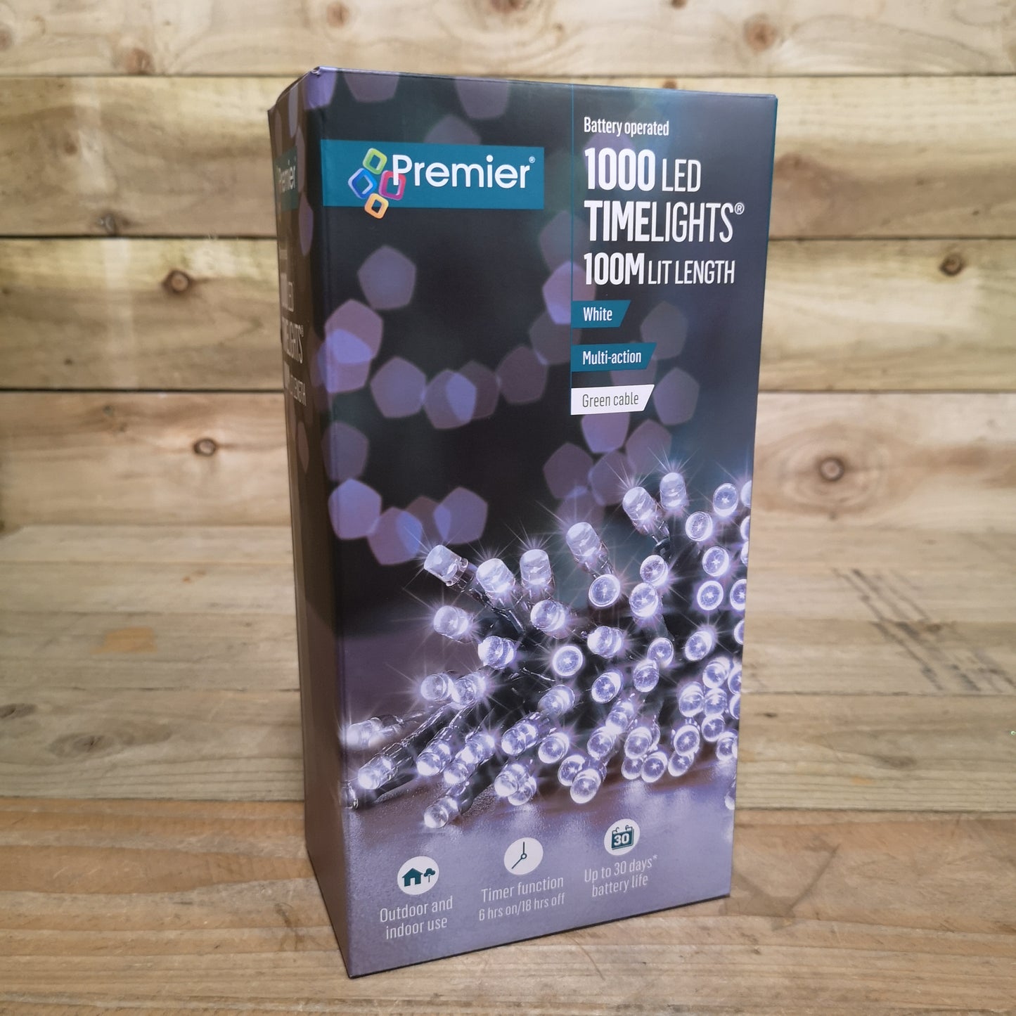 1000 LED 100m Premier Christmas Indoor Outdoor Multi Function Battery Operated String Lights with Timer in Cool White