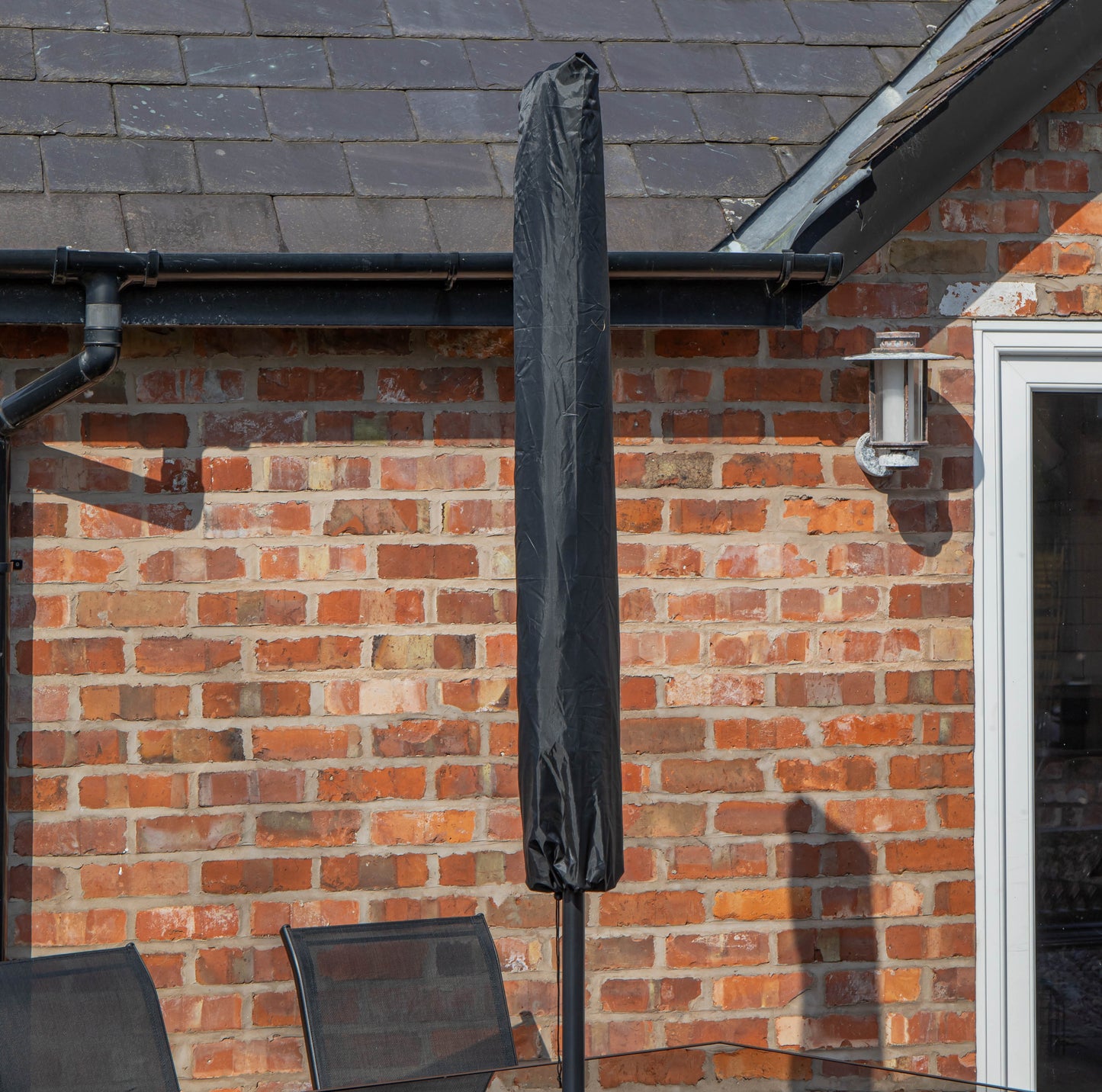 Outdoor 4 Person Rectangular Glass Top Garden Dining Table Chairs With Grey Parasol and Base Set