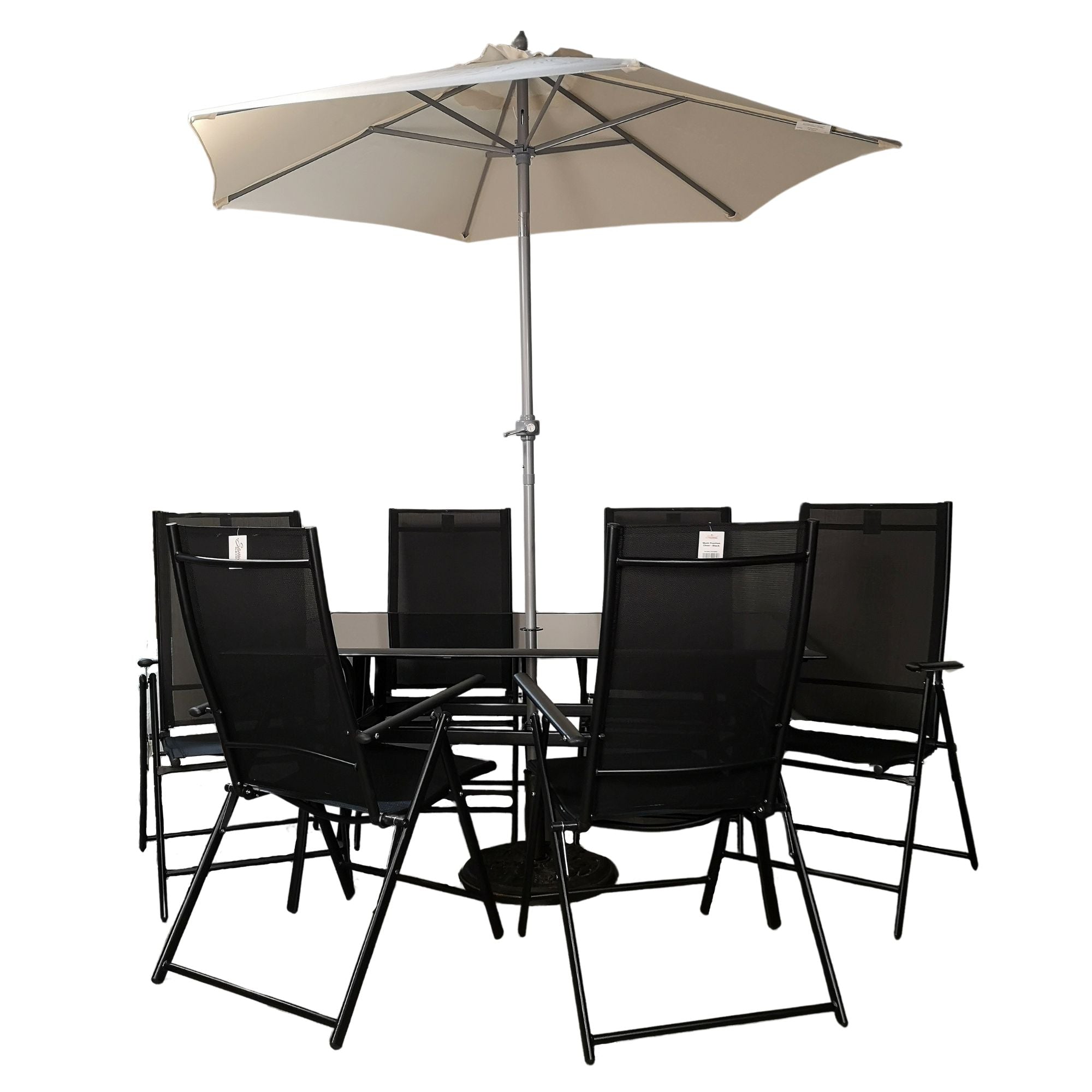 Outdoor 6 Person Rectangular Glass Top Garden Patio Dining Table Chairs With Cream Parasol and Base Set