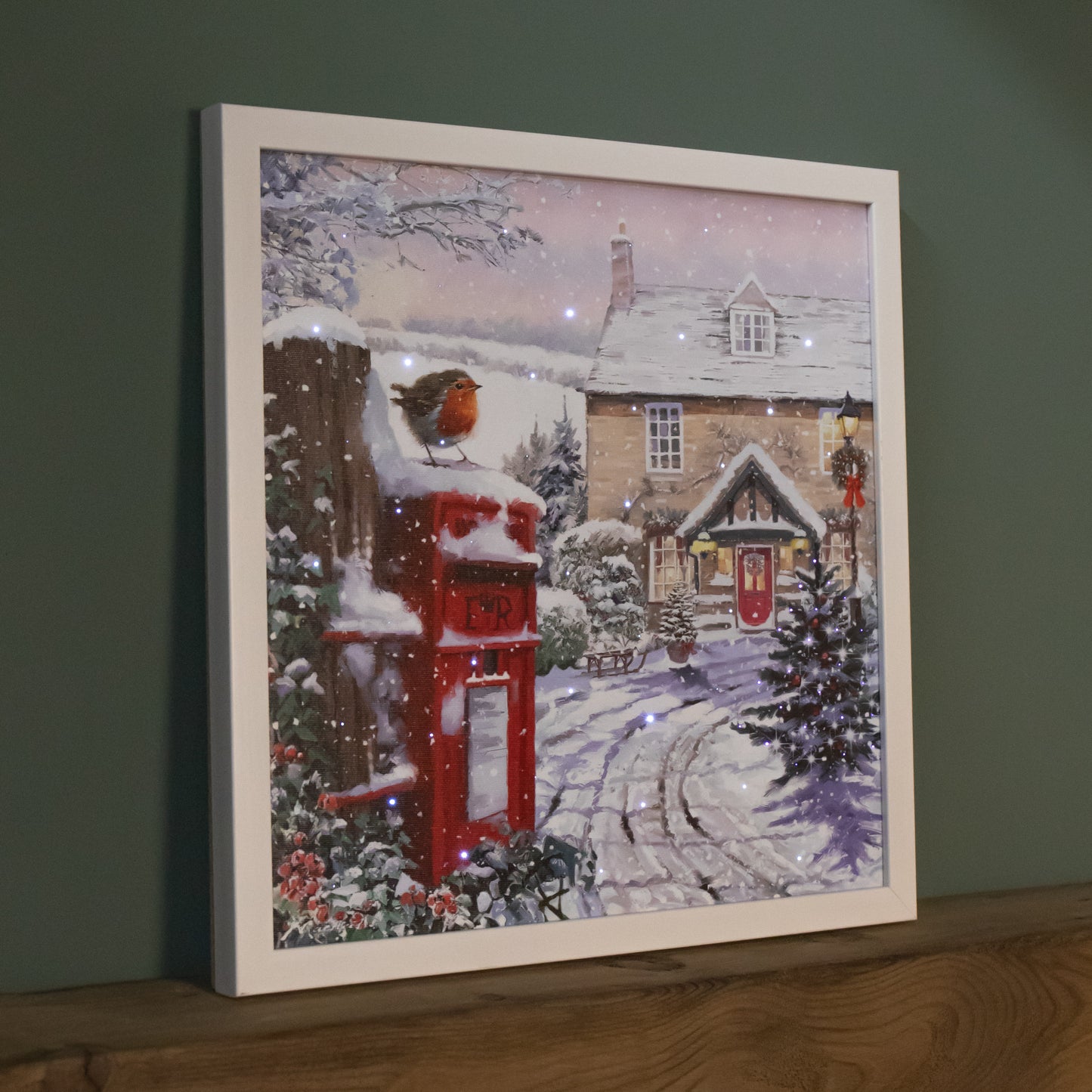 Battery Operated 40 x 40cm Light up Snowy Christmas Robin Scene Picture Canvas