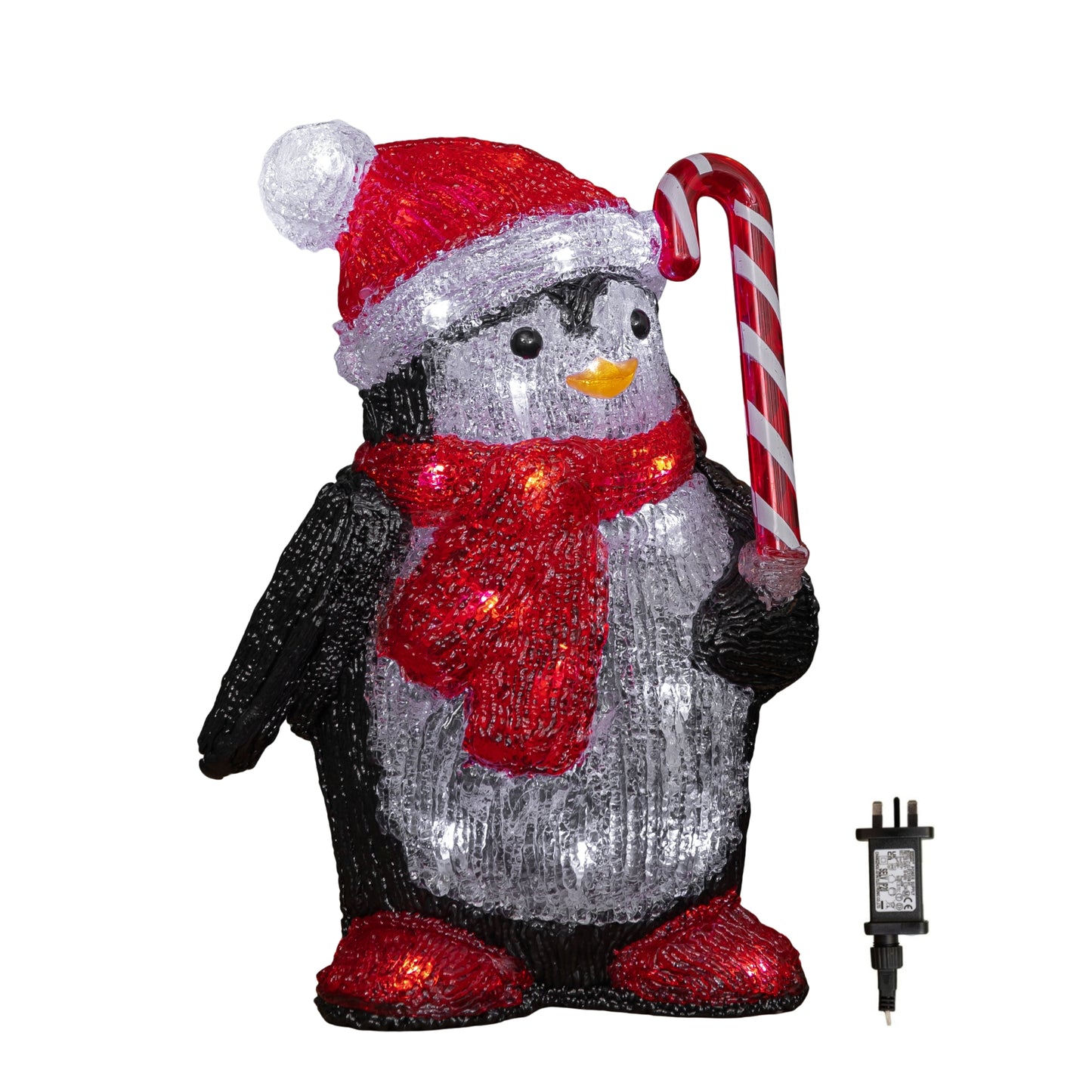 30cm Light up Acrylic Christmas Penguin with Candy Cane Decorations & White LEDs