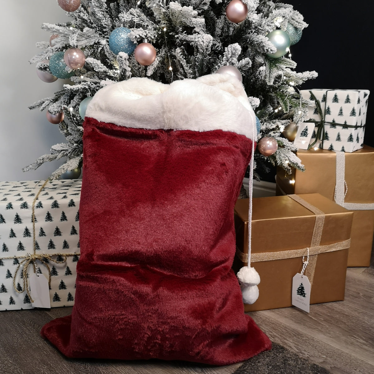 80cm Red Christmas Present Sack with White Faux Fur Trim and Pom Poms