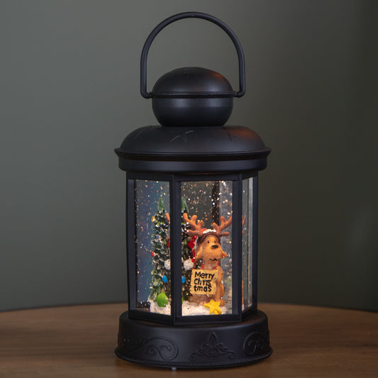 18cm Battery Operated LED Christmas Glitter Water Spinner Black Lantern Dog & Tree Scene