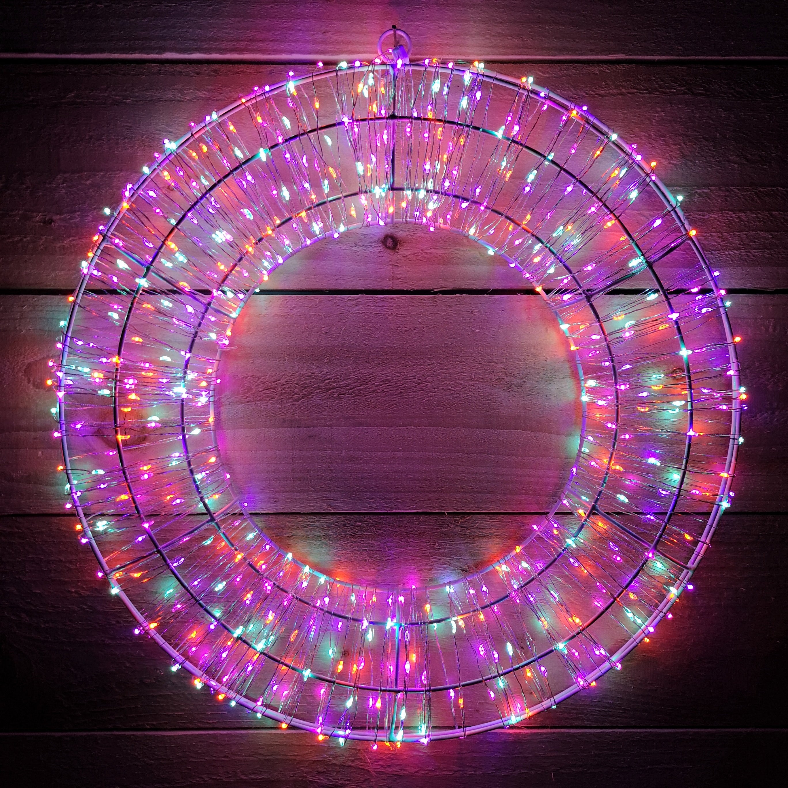 White Wreath With Rainbow LEDs 600 Bulb 45cm