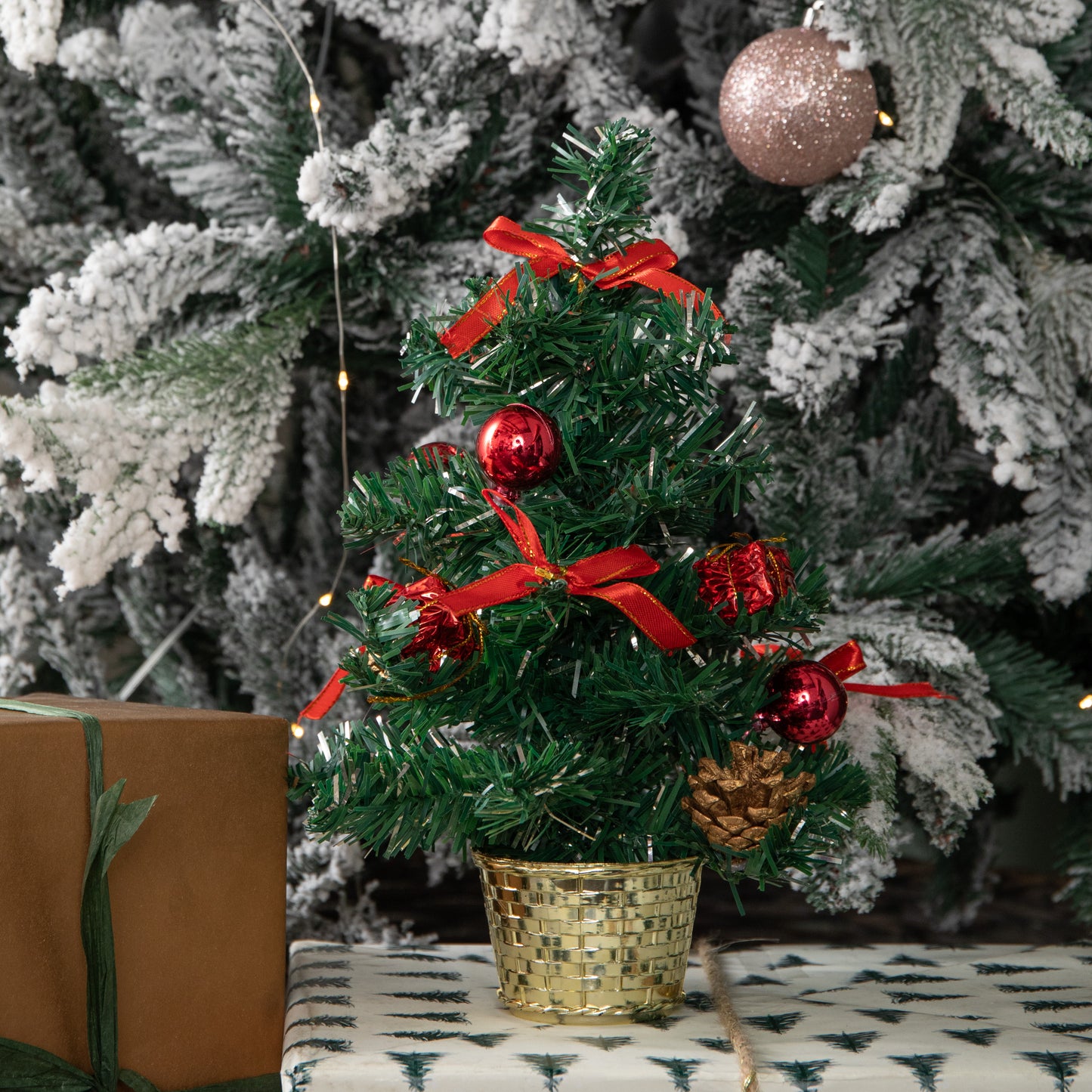 30cm Mini Pre-Decorated Christmas Tree in Gold Pot with Red Baubles
