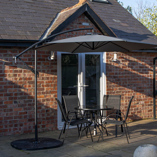 Outdoor 4 Person Round Glass Top Garden Dining Table Chairs With Grey Banana Parasol and Base