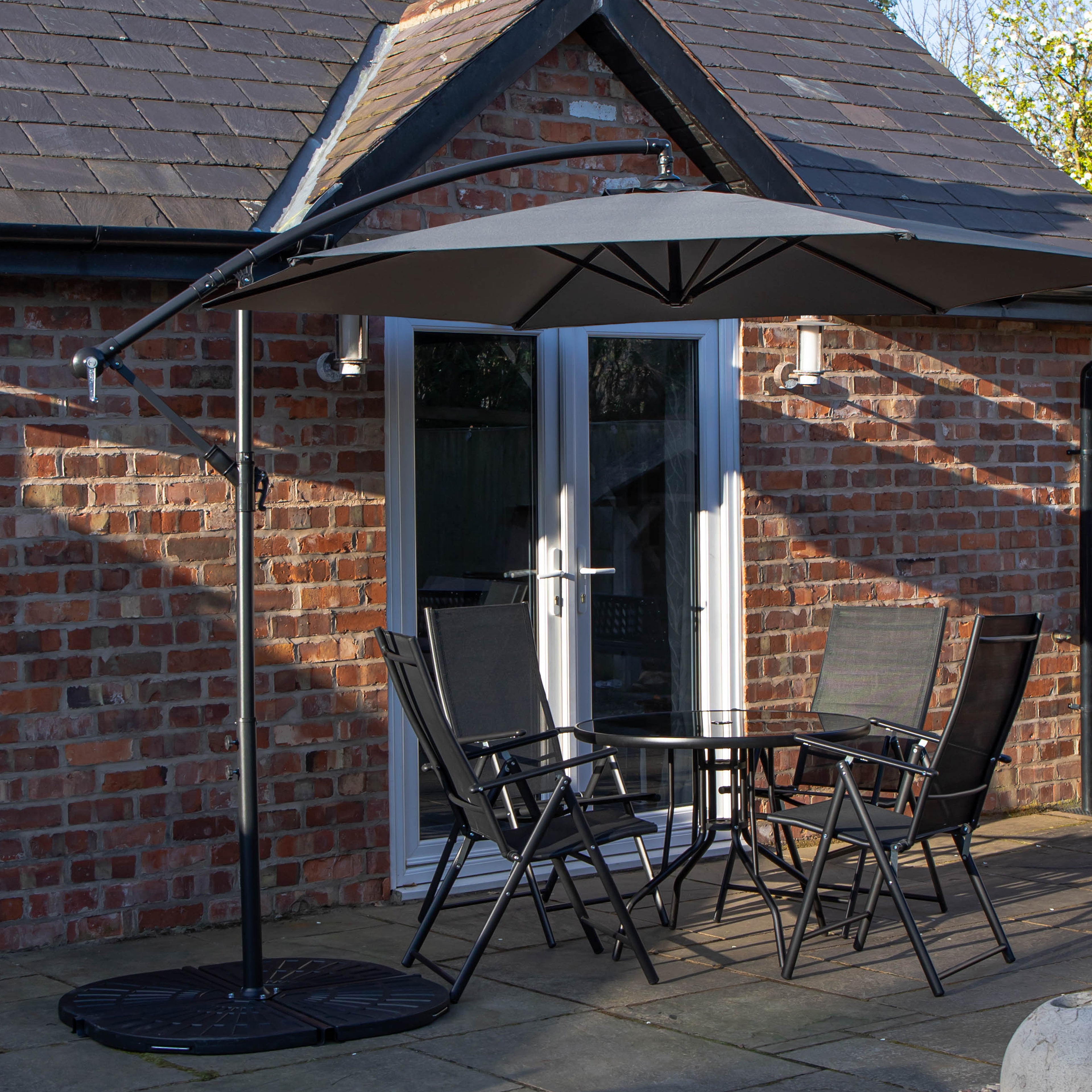 Outdoor 4 Person Round Glass Top Garden Dining Table Chairs With Grey Banana Parasol and Base