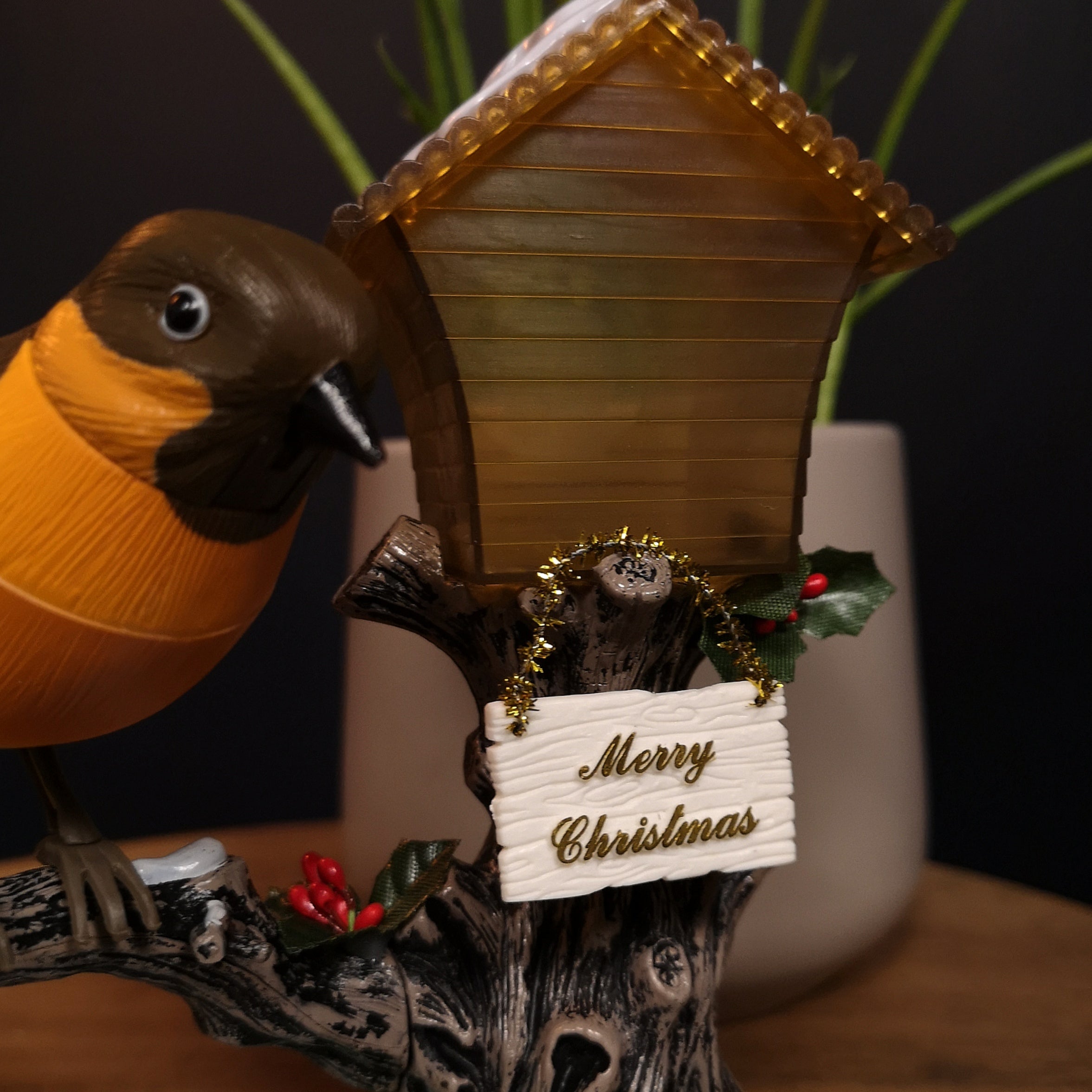 Sound Activated Animated Robin on House Chirps "We Wish You a Merry Christmas"