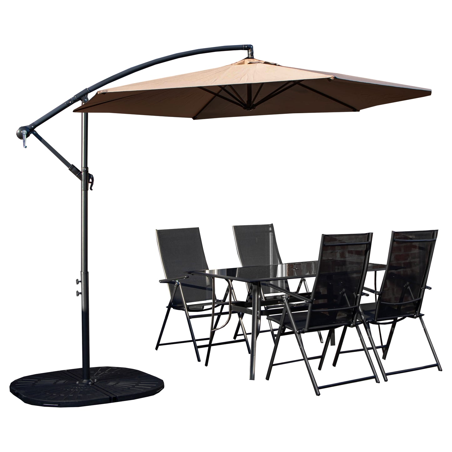 Outdoor 4 Person Rectangular Glass Top Garden Dining Table Chairs With Beige Banana Parasol and Base