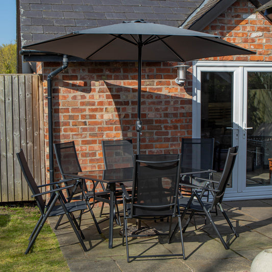 Outdoor 6 Person Rectangular Glass Top Garden Dining Table Chairs With Grey Havana Parasol and Base Set