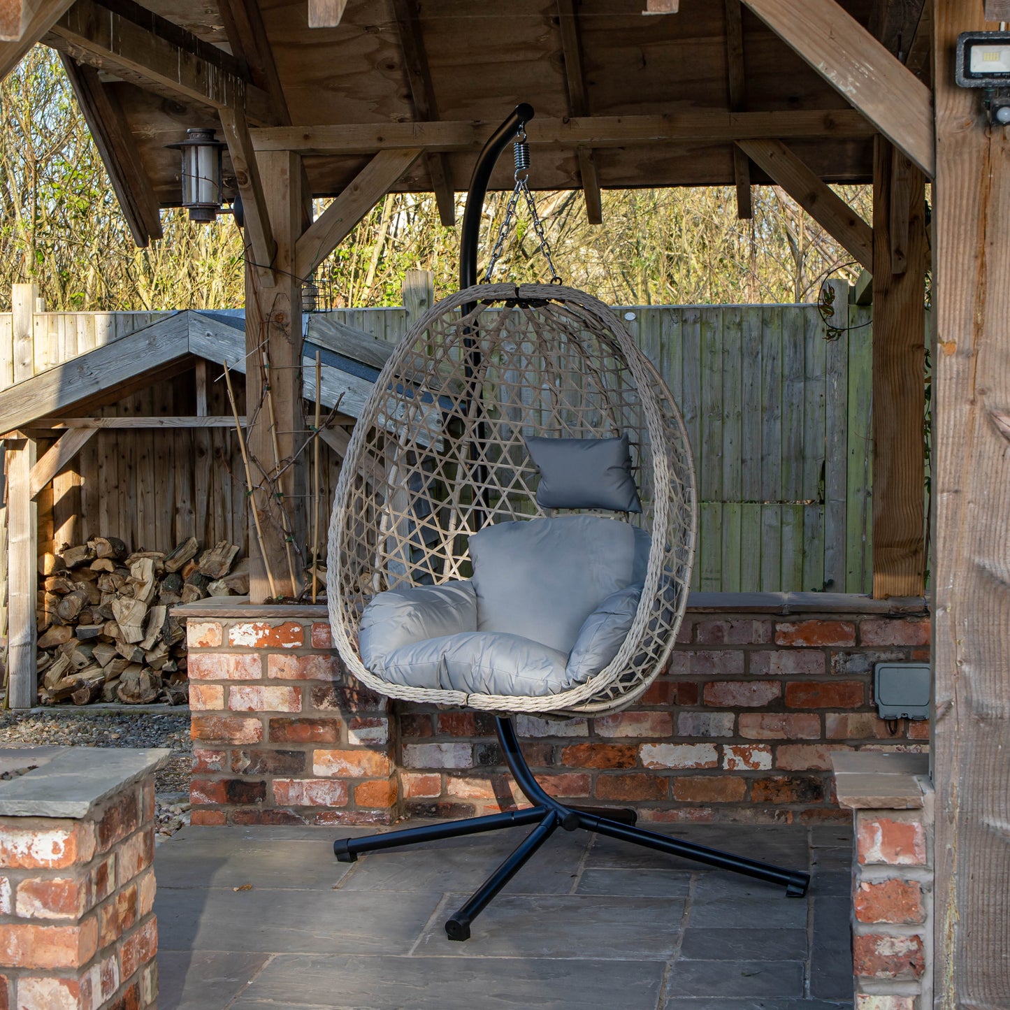 Samuel Alexander Hanging Garden Rattan Egg Chair with Steel Frame and Waterproof Cover in Cool Grey