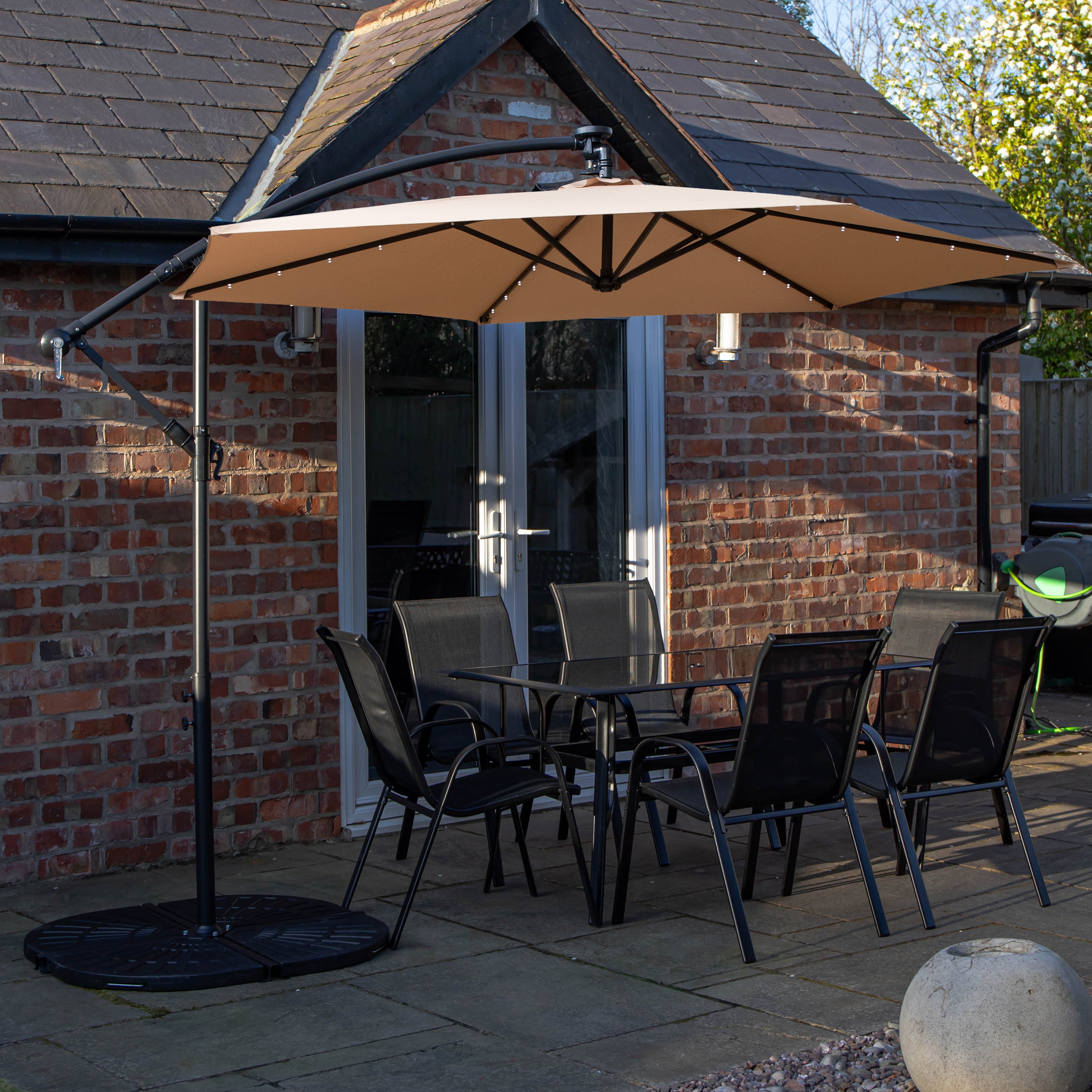 Outdoor 6 Person Rectangular Glass Top Garden Dining Table Chairs With Beige Banana Lit Parasol and Base
