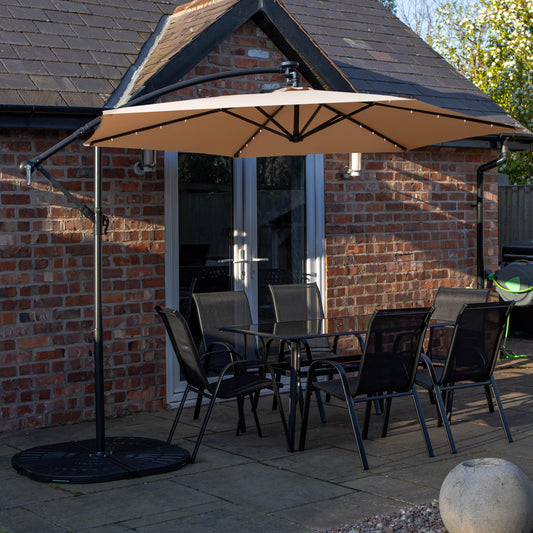 Outdoor 6 Person Rectangular Glass Top Garden Dining Table Chairs With Beige Banana Lit Parasol and Base