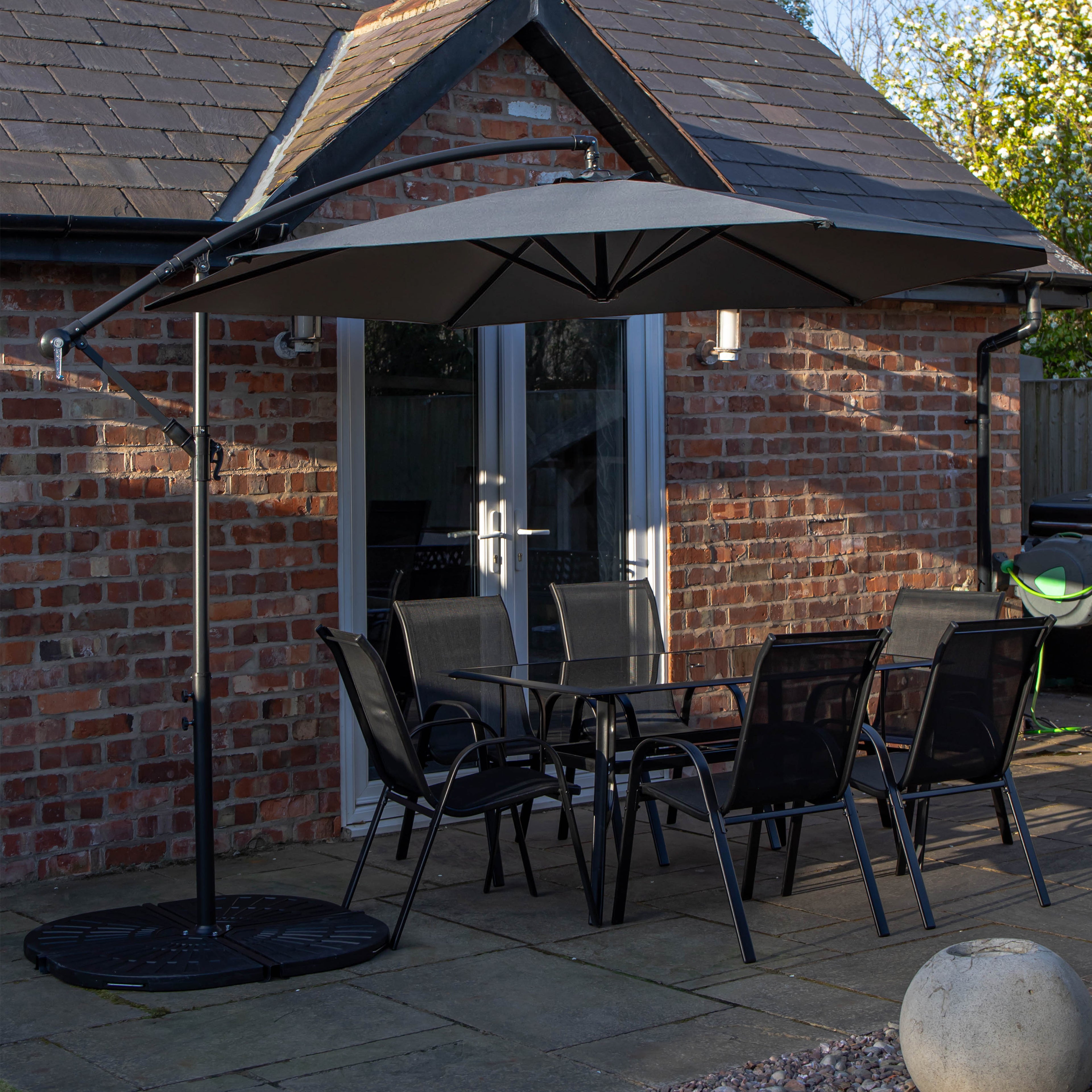Outdoor 6 Person Rectangular Glass Top Garden Dining Table Chairs With Grey Banana Parasol and Base