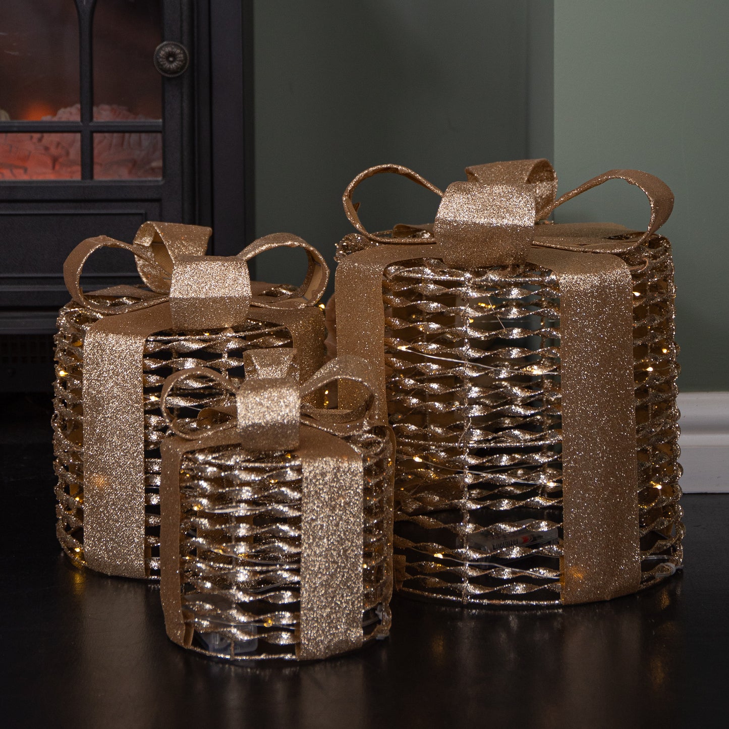 Set of 3 Battery Operated Gold Christmas Glitter Twist Gift Boxes with Warm White LEDs