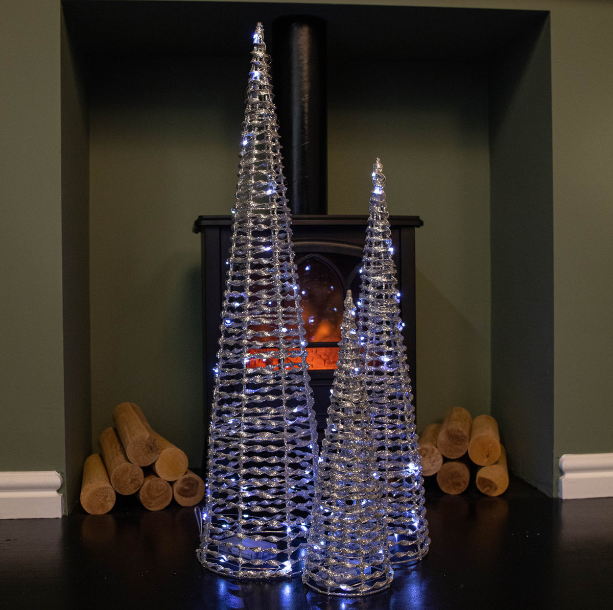Set of 3 Silver Glitter Twist Christmas Cone Trees with 90 Cool White LEDs 