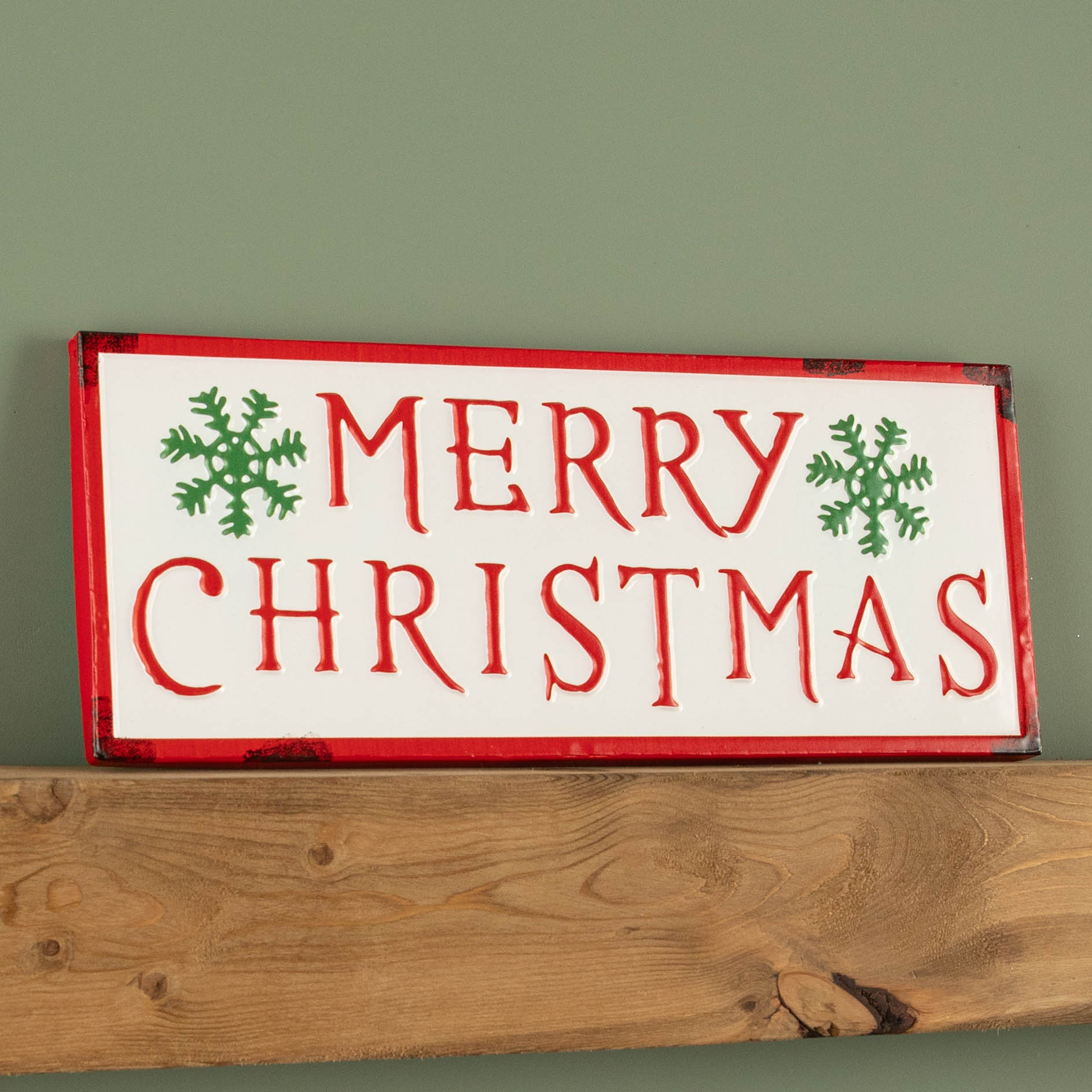 57cm Metal Merry Christmas Hanging Sign in Red & White with Green Snowflakes