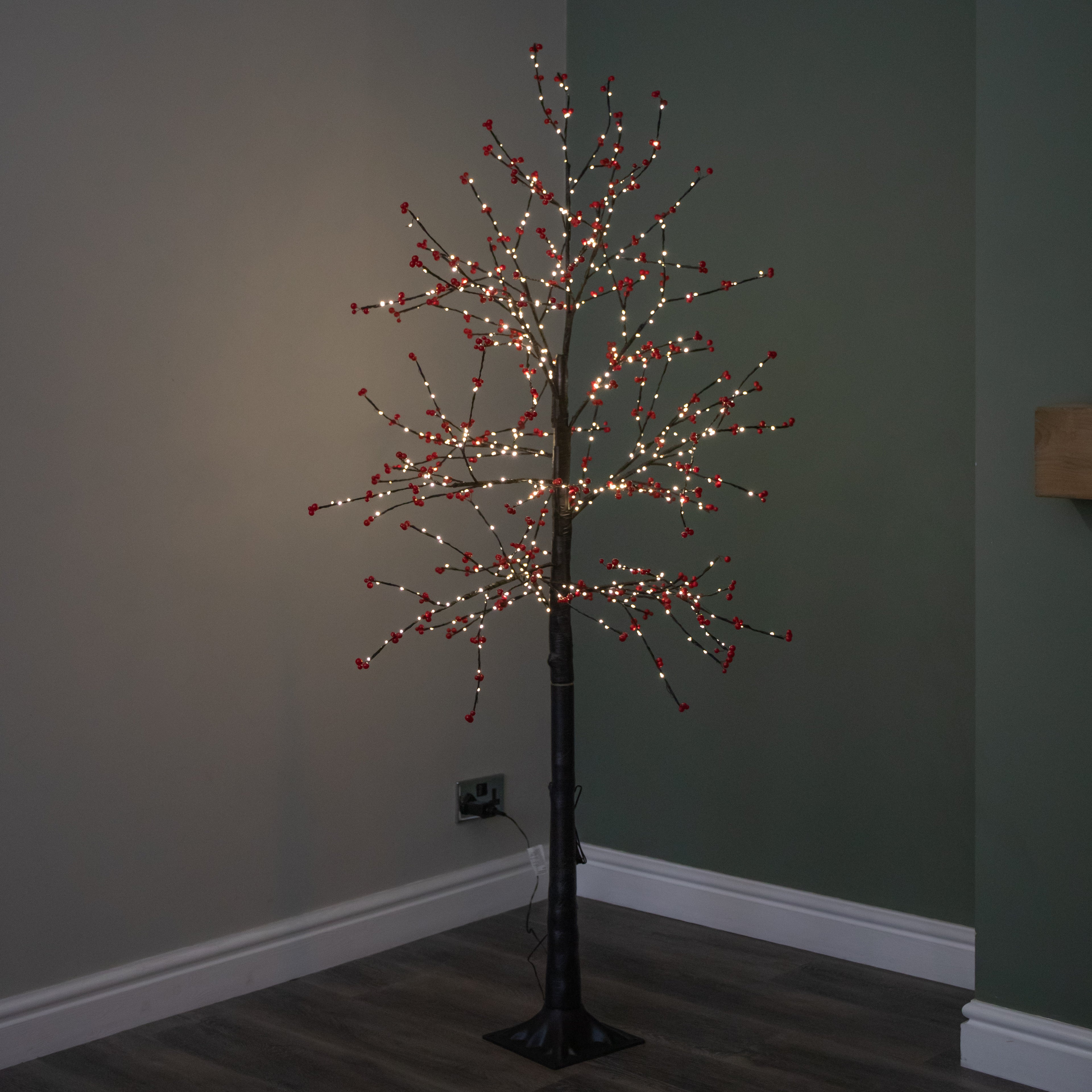 6ft (1.8m) Light up Black Christmas Twig Tree with Red Berries & Warm White LEDs