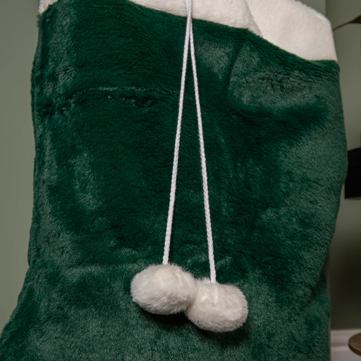 80x55cm Green Christmas Sack with White Cuff and Pom Poms