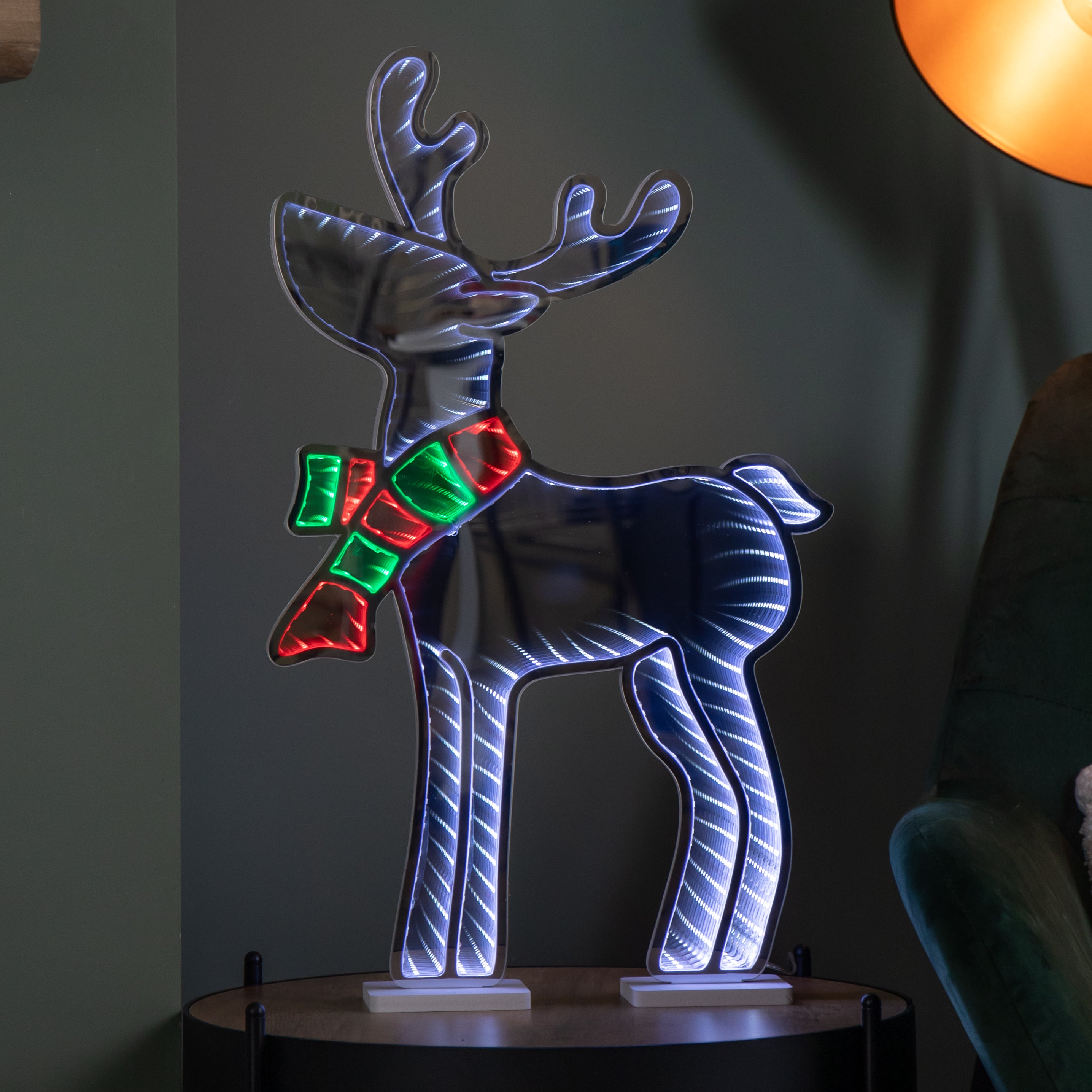 60cm Light up Standing Reindeer with Scarf Christmas Infinity Decoration with Multi-Coloured LEDs