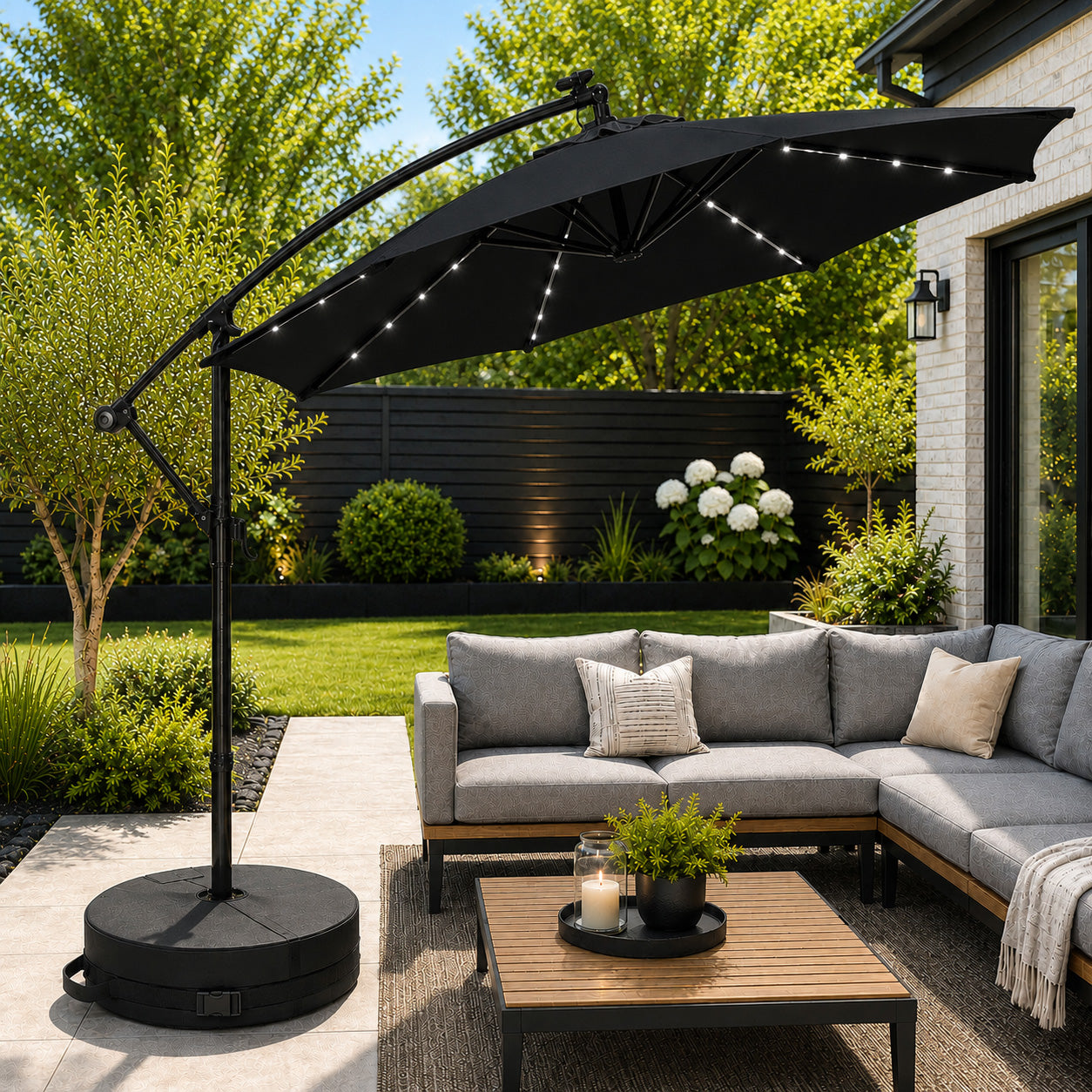 3m Solar Powered Cantilever Lit Banana Garden Parasol with Crank Handle & White LED Lights in Black with Base Bag Included