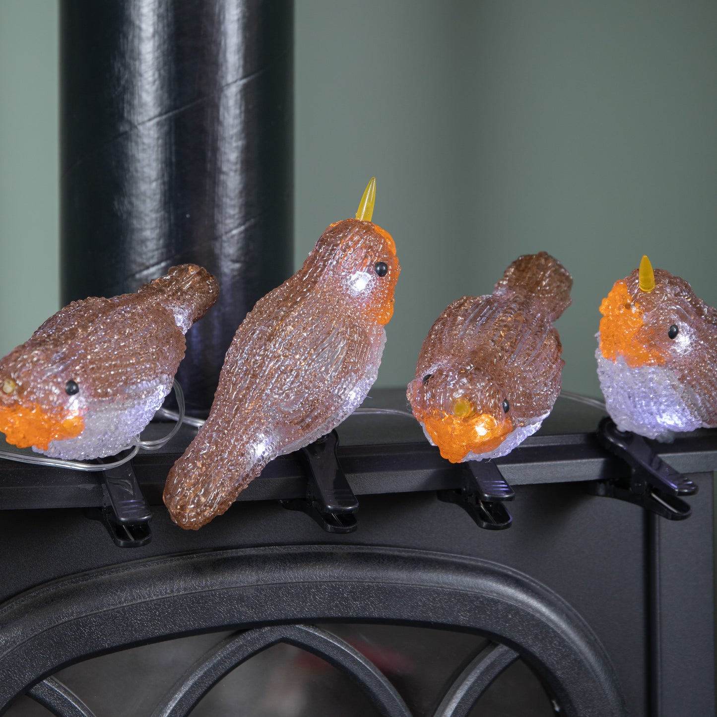 Set of 5 Light up Acrylic Christmas Robin Decoration with 30 Ice White LEDs