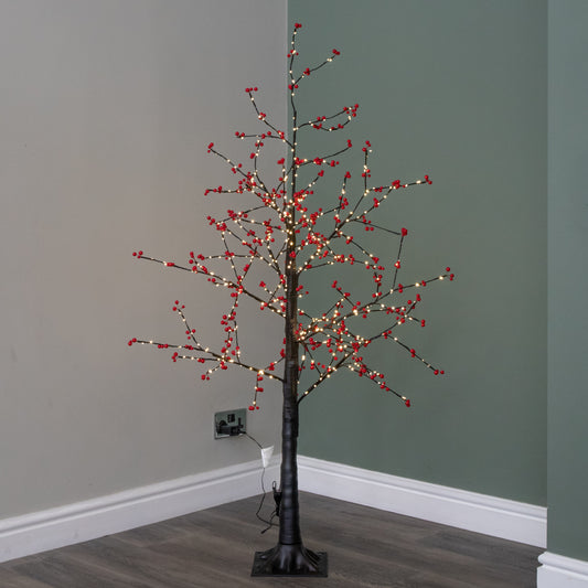 150cm 5ft Christmas Lit Black Twig Berry Tree 500 Warm White LED