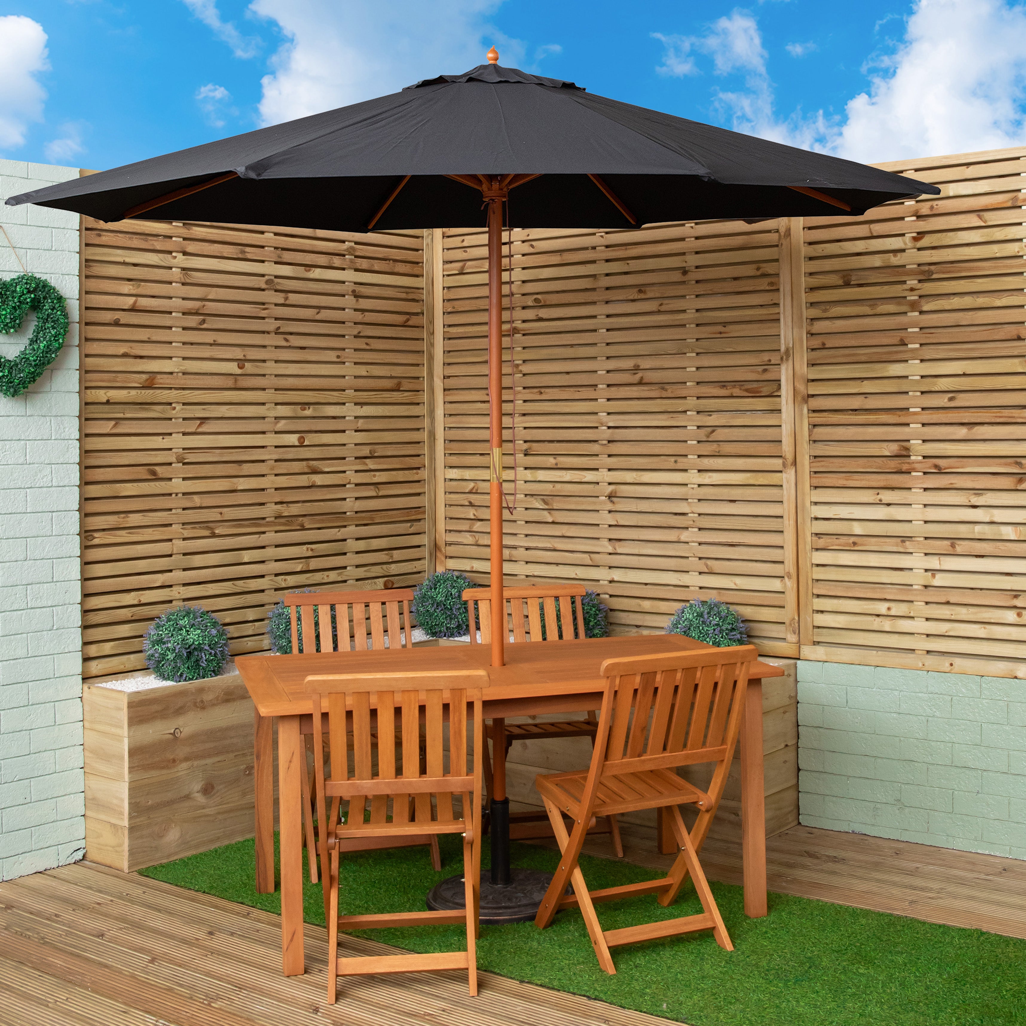 Outdoor 4 Person Rectangular Wooden Garden Dining Table Chairs with Black Parasol and Base Set