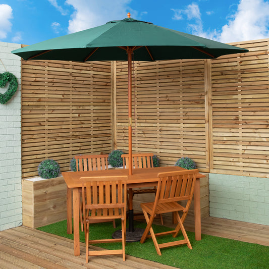 Outdoor 4 Person Rectangular Wooden Garden Patio Dining Table Chairs with Green Parasol and Base Set