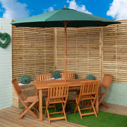 Outdoor 6 Person Rectangular Wooden Garden Patio Dining Table Chairs with Green Parasol and Base Set